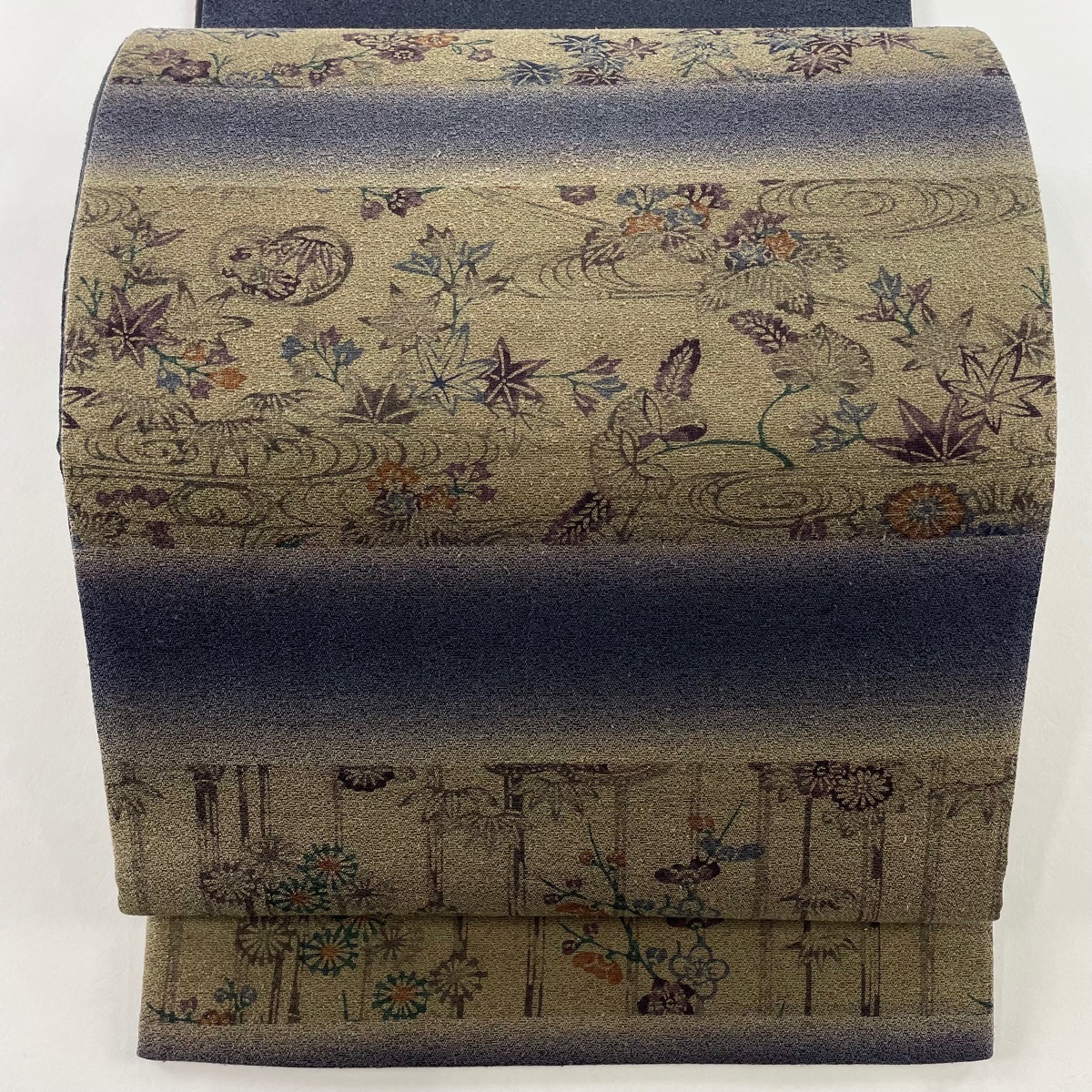 【在庫一掃】 袋帯 美品 名品 桐 楓 紺色 お太鼓柄 正絹 【中古】拍卖