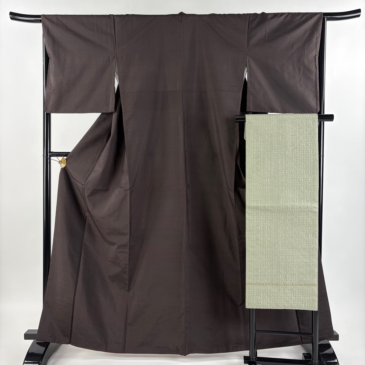 【在庫一掃】 小紋 身丈163.5cm 裄丈65.5cm M 袷 名古屋帯セット 紬地 ドット柄 焦茶色 正絹 美品 名品 【中古】拍卖