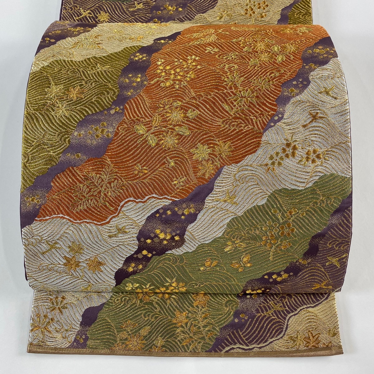 【在庫一掃】 袋帯 美品 逸品 河合美術織物 落款 関西仕立て 草花 波 金糸 箔 紫 六通 正絹 【中古】拍卖