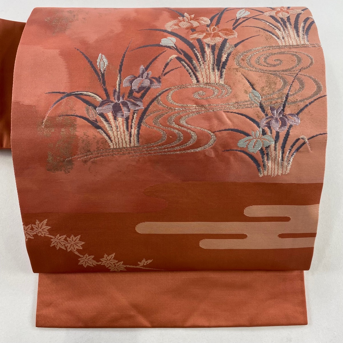 【在庫一掃】 名古屋帯 美品 優品 菖蒲 観世水 銀糸 箔 サーモンピンク 正絹 【中古】拍卖