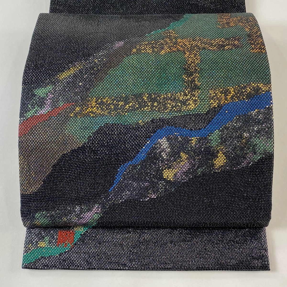 【在庫一掃】 袋帯 美品 逸品 藤林徳扇 落款 道長取り 幾何学模様 箔 黒 お太鼓柄 正絹 【中古】拍卖