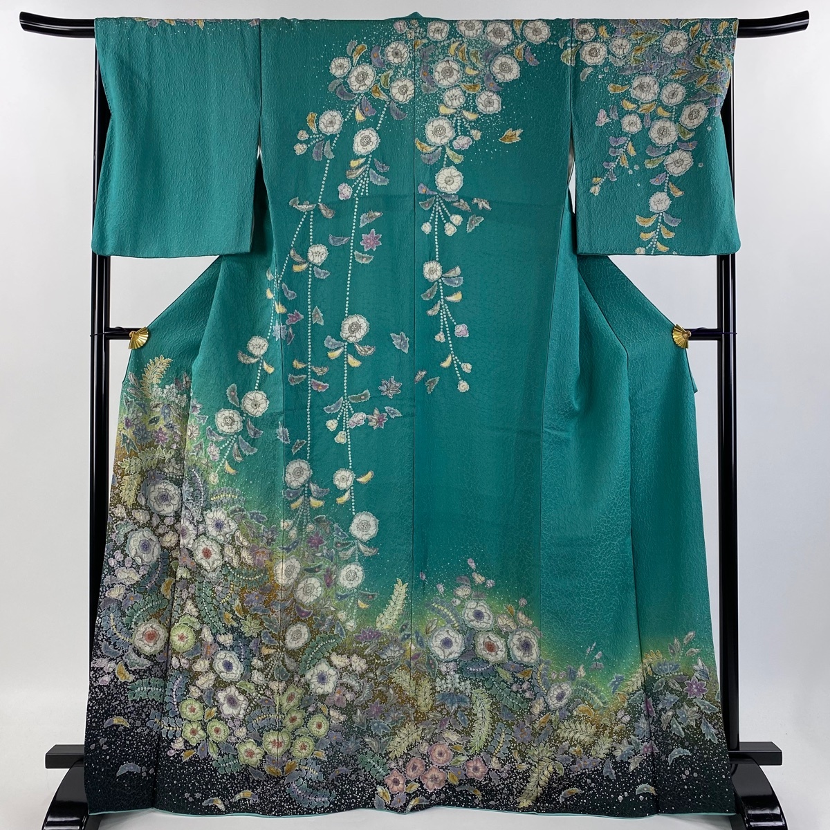 【在庫一掃】 訪問着 身丈168.5cm 裄丈68cm L 袷 辻が花 銀通し ぼかし 青緑 正絹 美品 逸品 【中古】拍卖