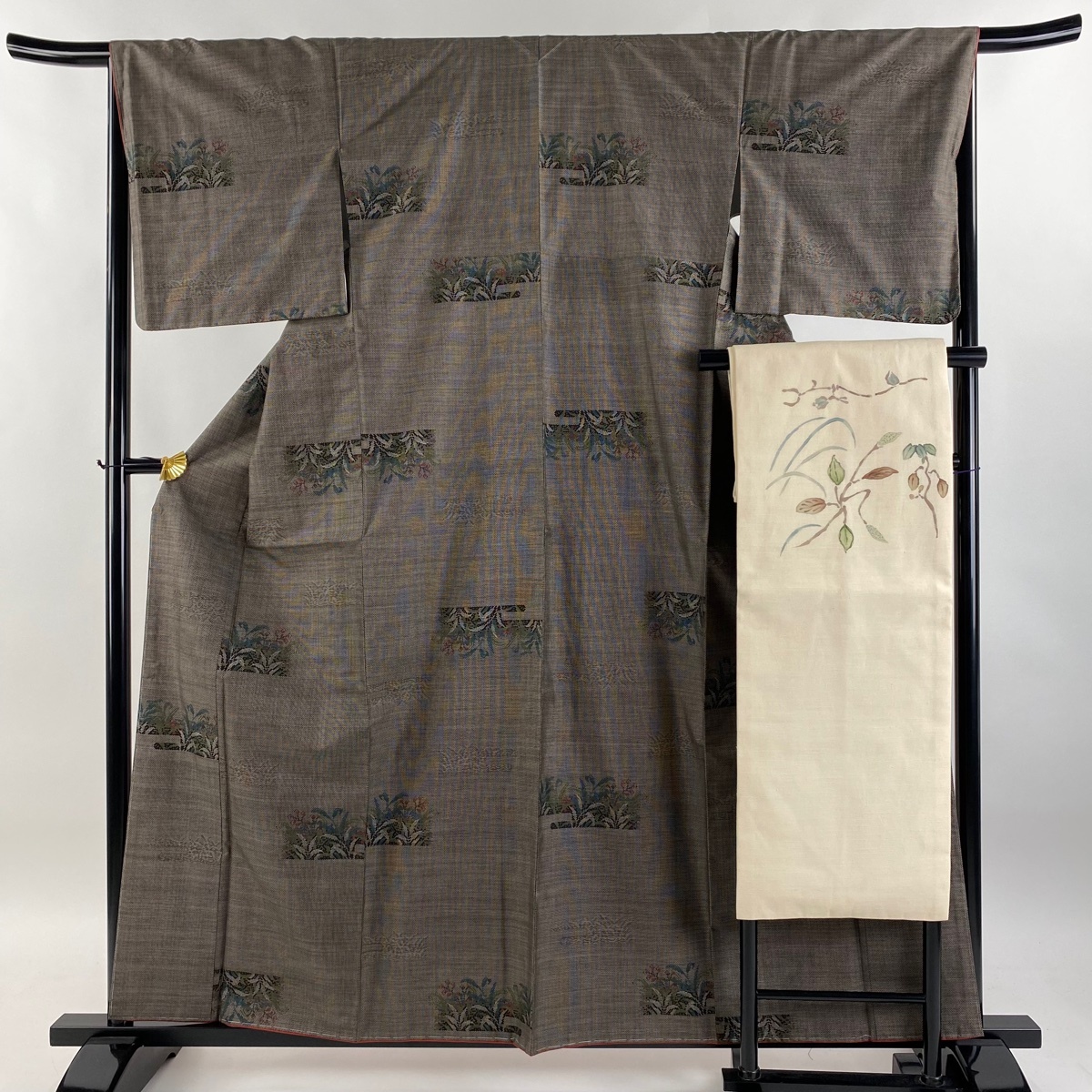 【在庫一掃】 紬 身丈160cm 裄丈66cm M 袷 名古屋帯セット 草花 焦茶色 正絹 秀品 【中古】拍卖