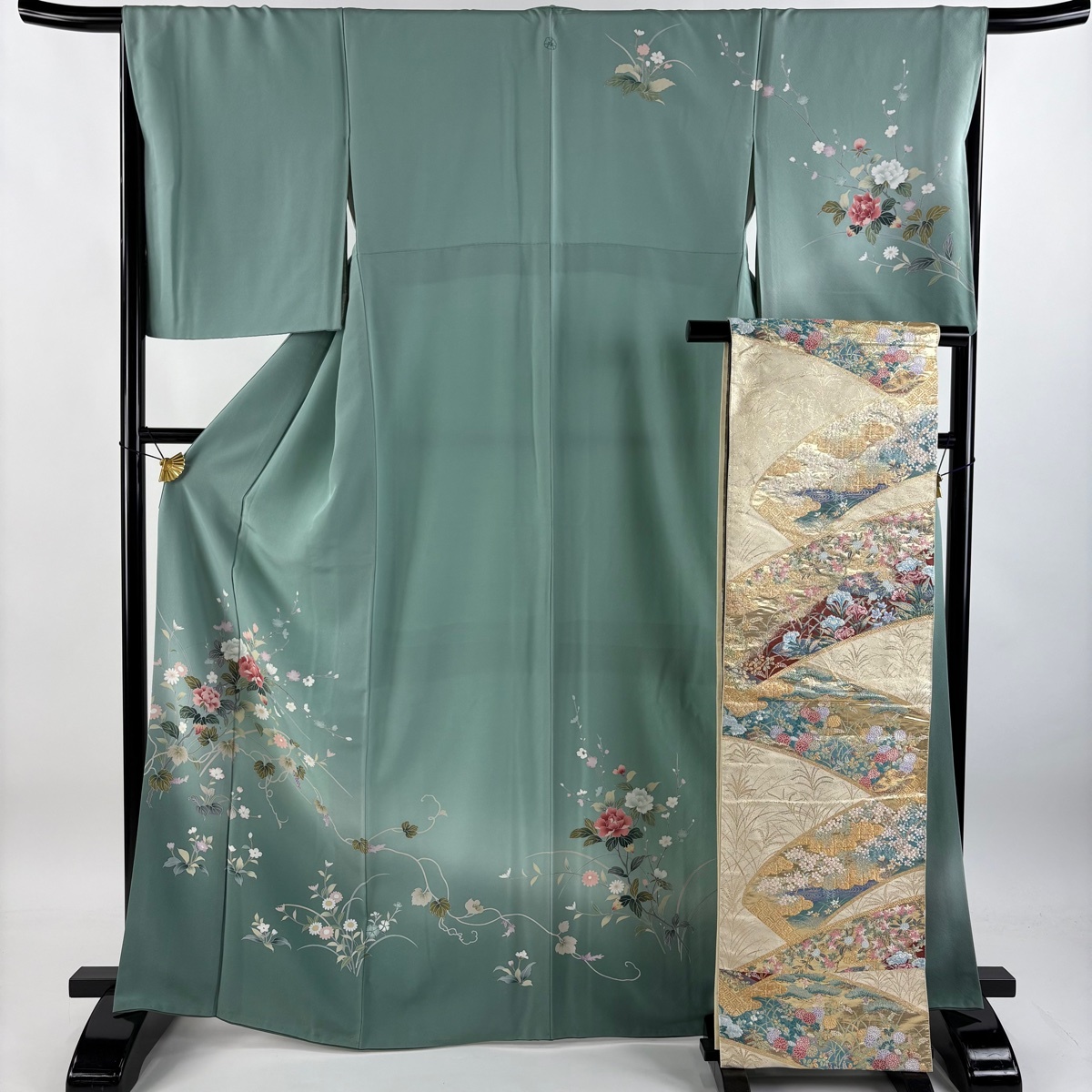 【在庫一掃】 訪問着 身丈167cm 裄丈67cm M 袷 袋帯セット 草花 葡萄 ぼかし 薄緑 正絹 秀品 一つ紋 【中古】拍卖