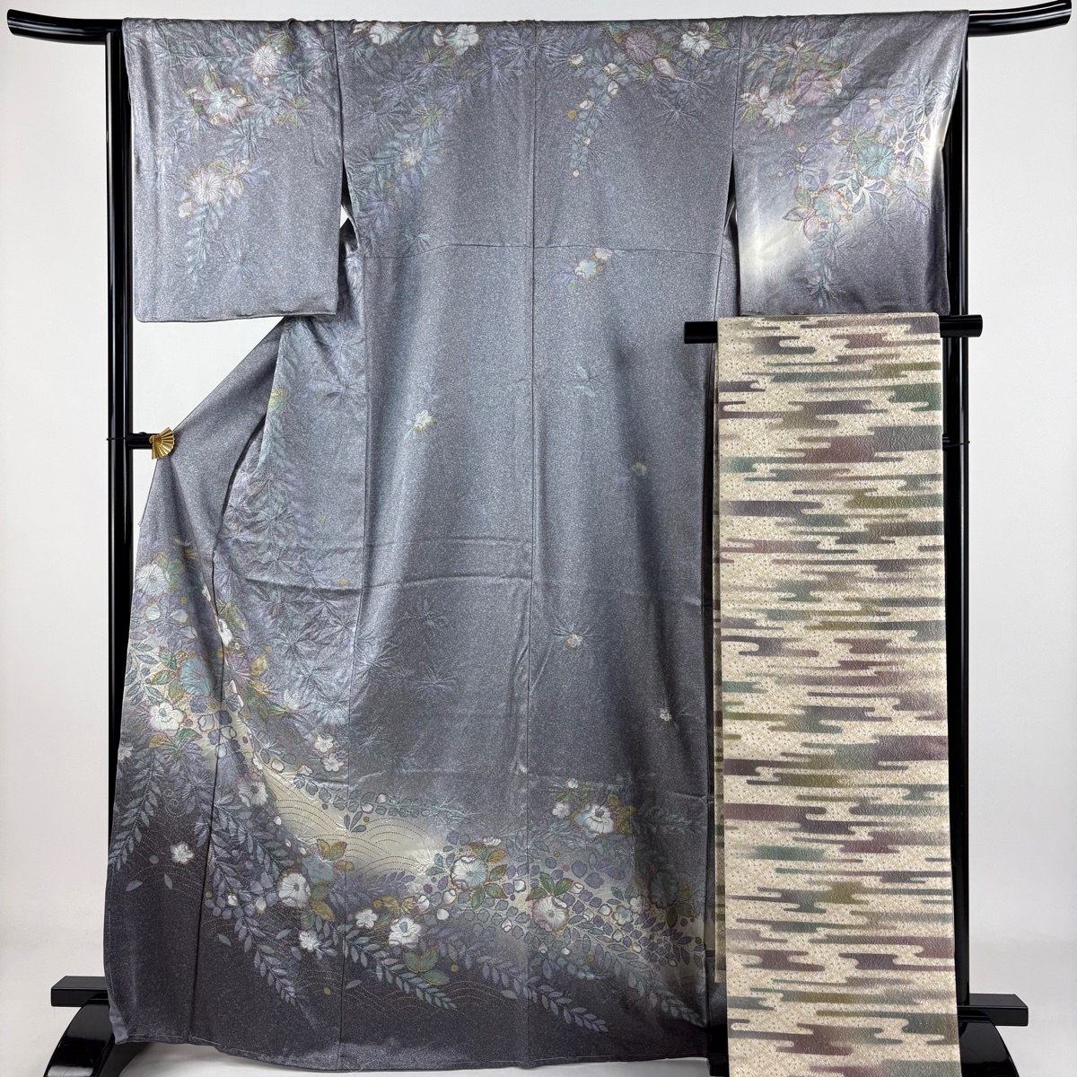 【在庫一掃】 訪問着 身丈167.5cm 裄丈65.5cm M 袷 袋帯セット 辻が花 波 金彩 ぼかし 灰紫 正絹 名品 【中古】拍卖