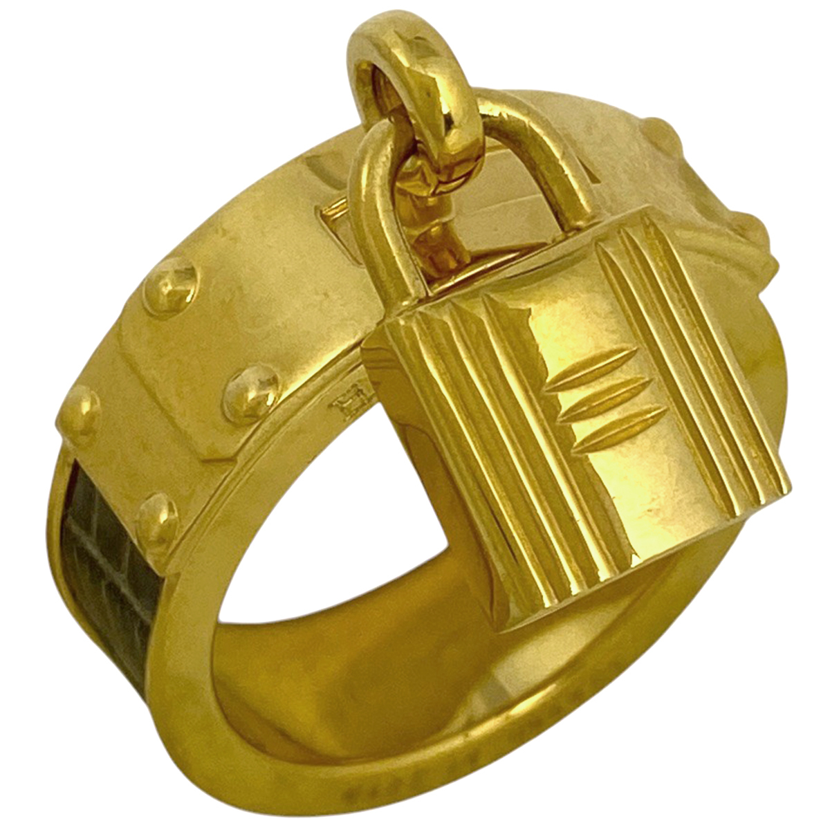 エルメス HERMES カデナモチーフ スカーフリング スカーフ留め カーキ GP レザー ゴールド グリーンベージュ レディース 【中古】拍卖