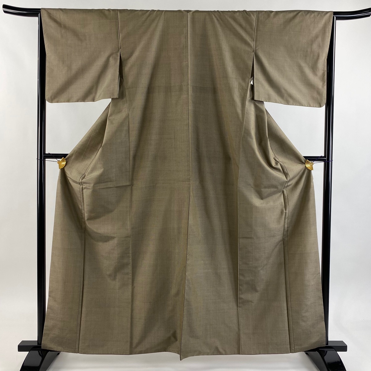 紬 身丈161.5cm 裄丈65cm M 袷 縞 幾何学 灰茶 正絹 秀品 【中古】拍卖
