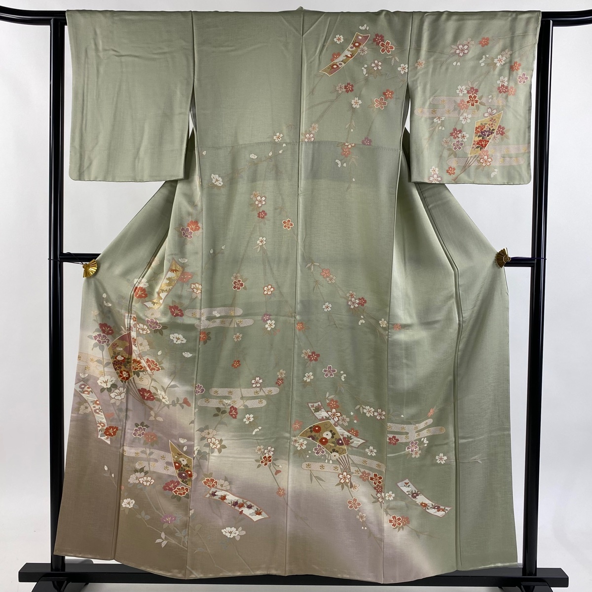 訪問着 身丈156.5cm 裄丈63.5cm S 袷 短冊 草花 金糸 金彩 薄緑 正絹 秀品 【中古】拍卖