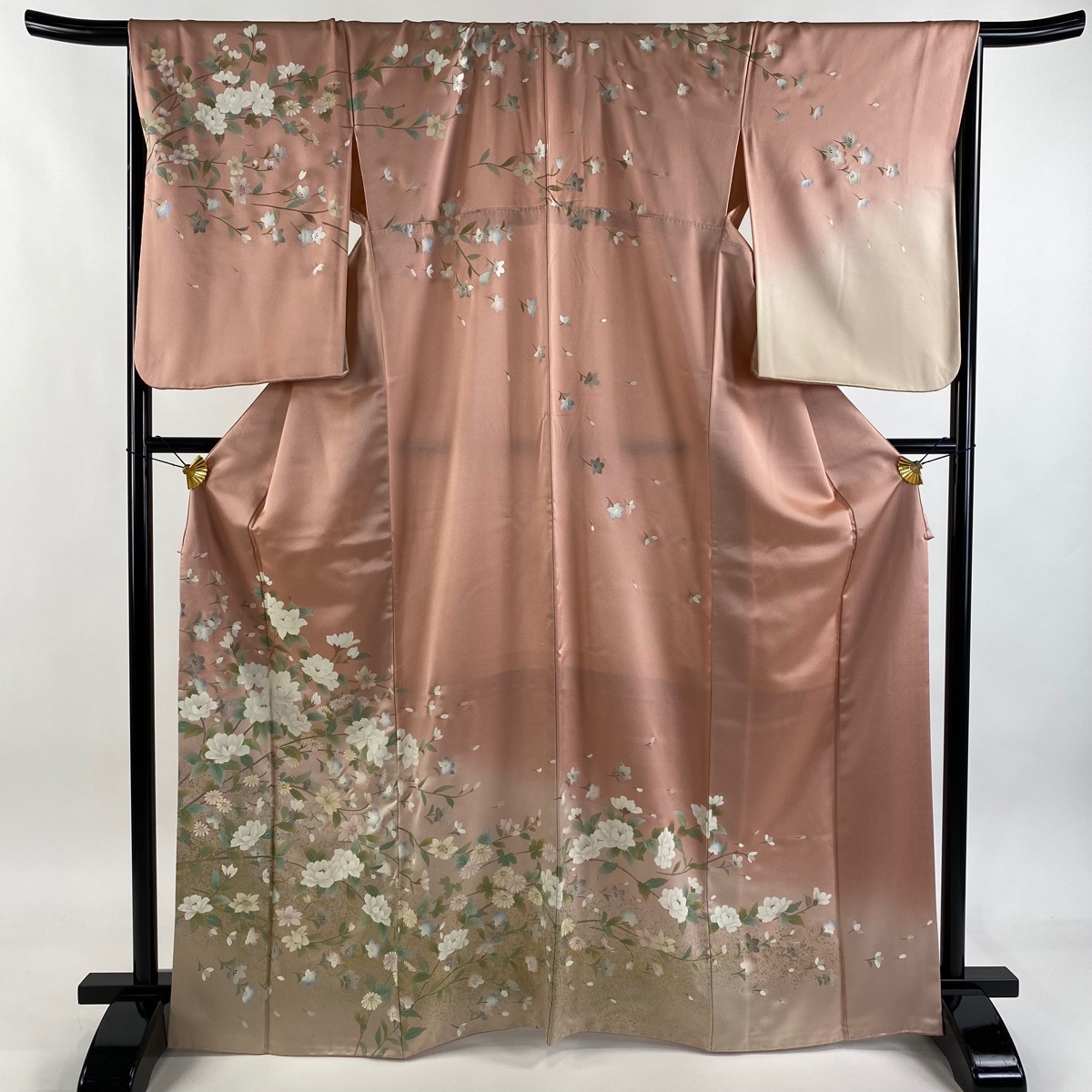 訪問着 身丈167.5cm 裄丈67.5cm L 袷 枝花 菊 金銀彩 ぼかし ピンク 正絹 秀品 【中古】拍卖