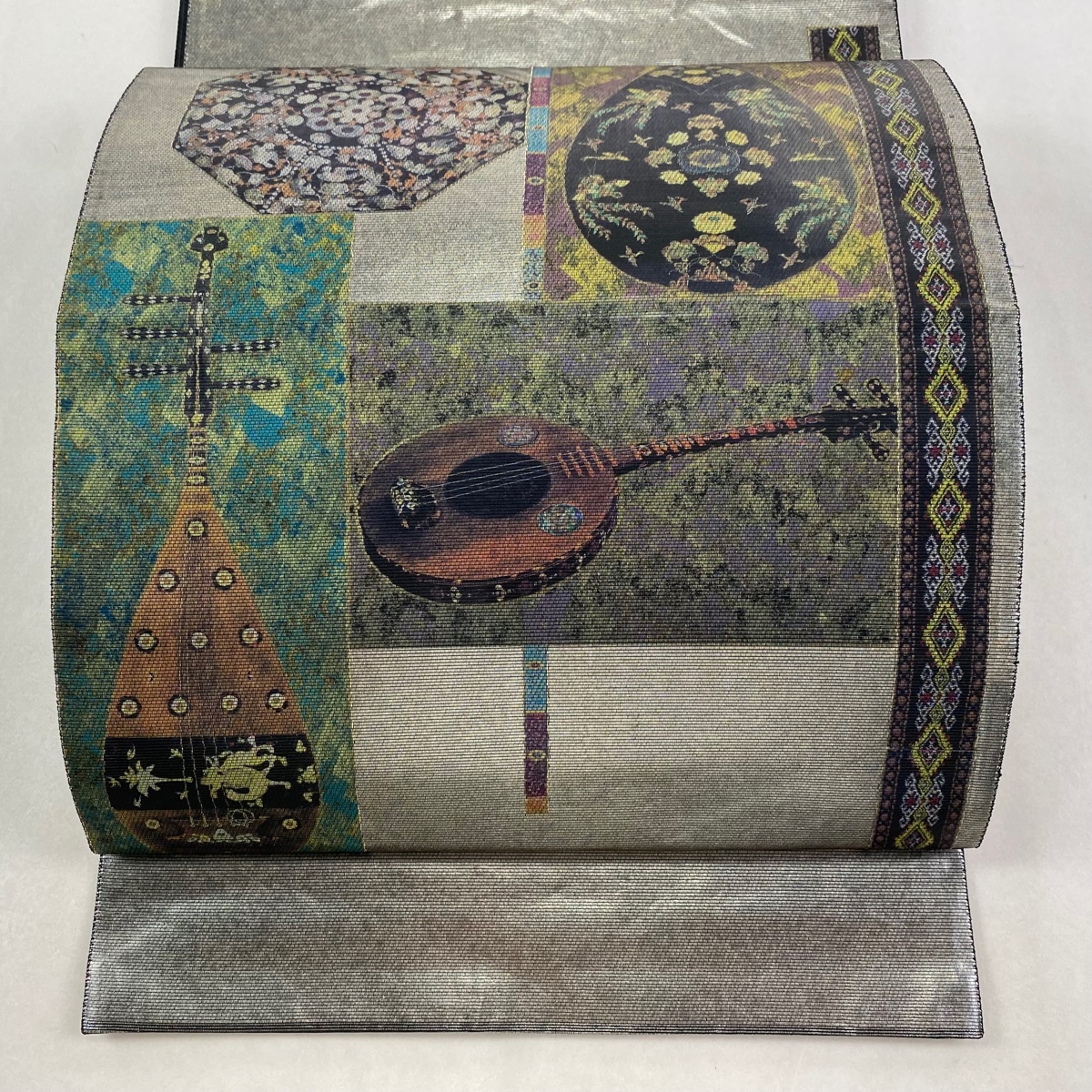 袋帯 秀品 和楽器 花鳥 螺鈿 箔 黒灰 お太鼓柄 正絹 【中古】拍卖