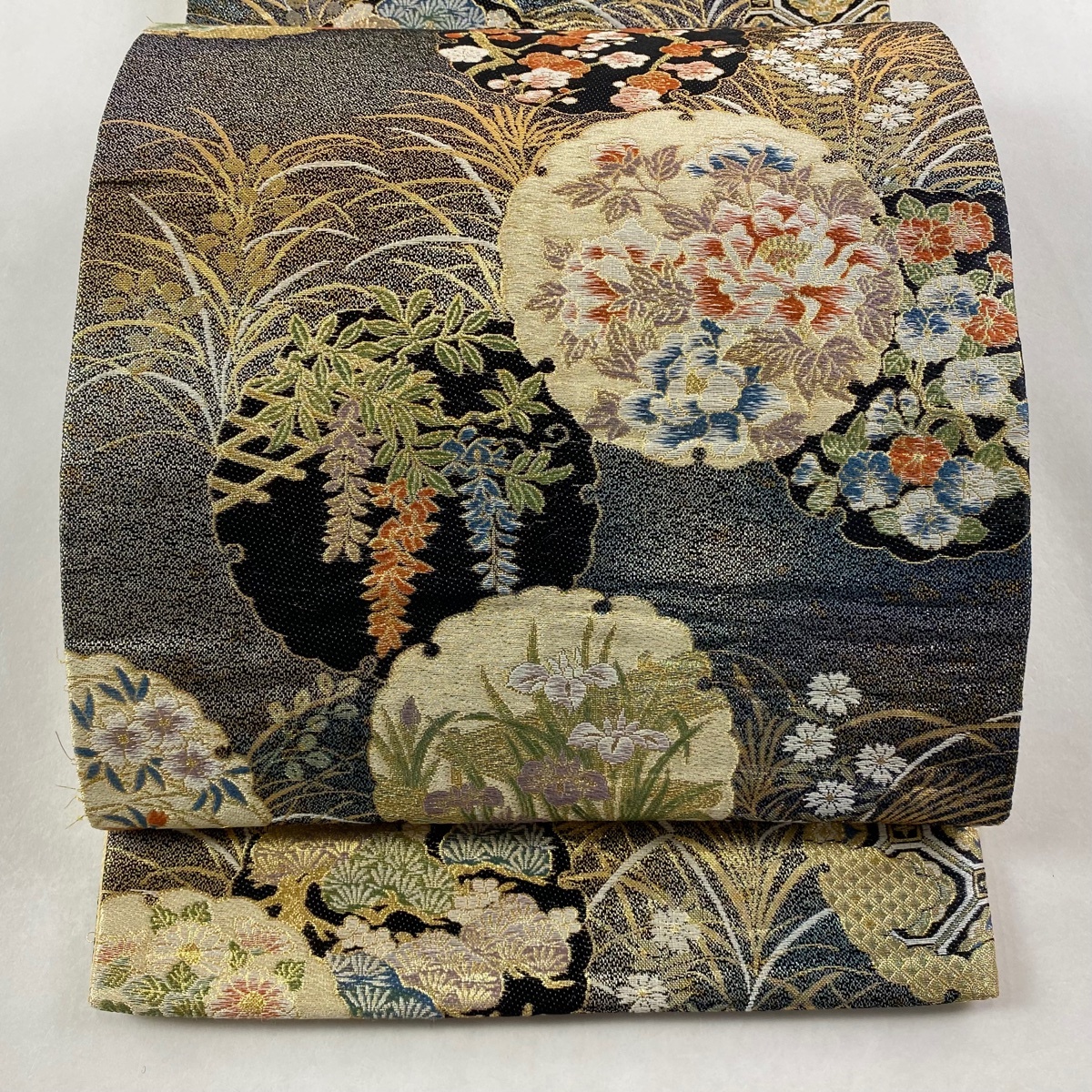 袋帯 秀品 双葉 雪輪 草花 金糸 箔 青灰色 お太鼓柄 正絹 【中古】拍卖