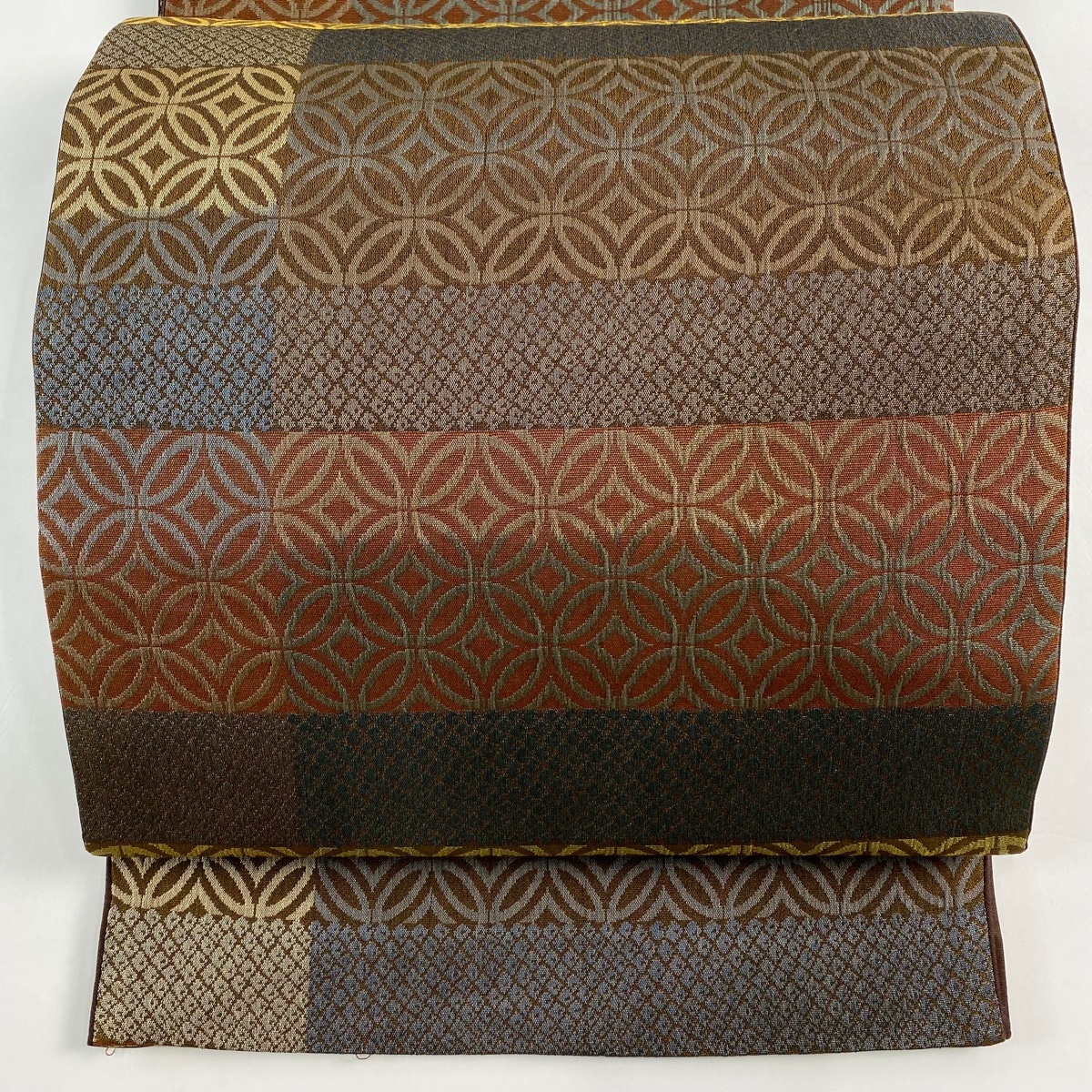 【美品】 袋帯 秀品 七宝 疋田 茶色 全通 正絹 【中古】拍卖