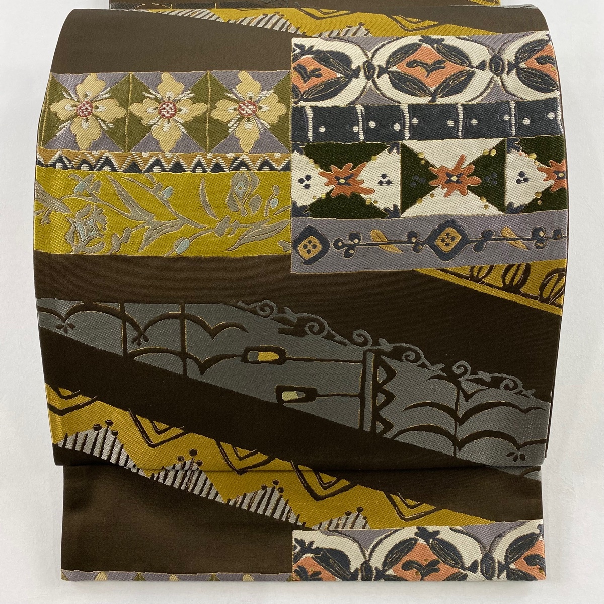 【美品】 袋帯 秀品 落款 豊紫高院文 箔 焦茶色 六通 正絹 【中古】拍卖