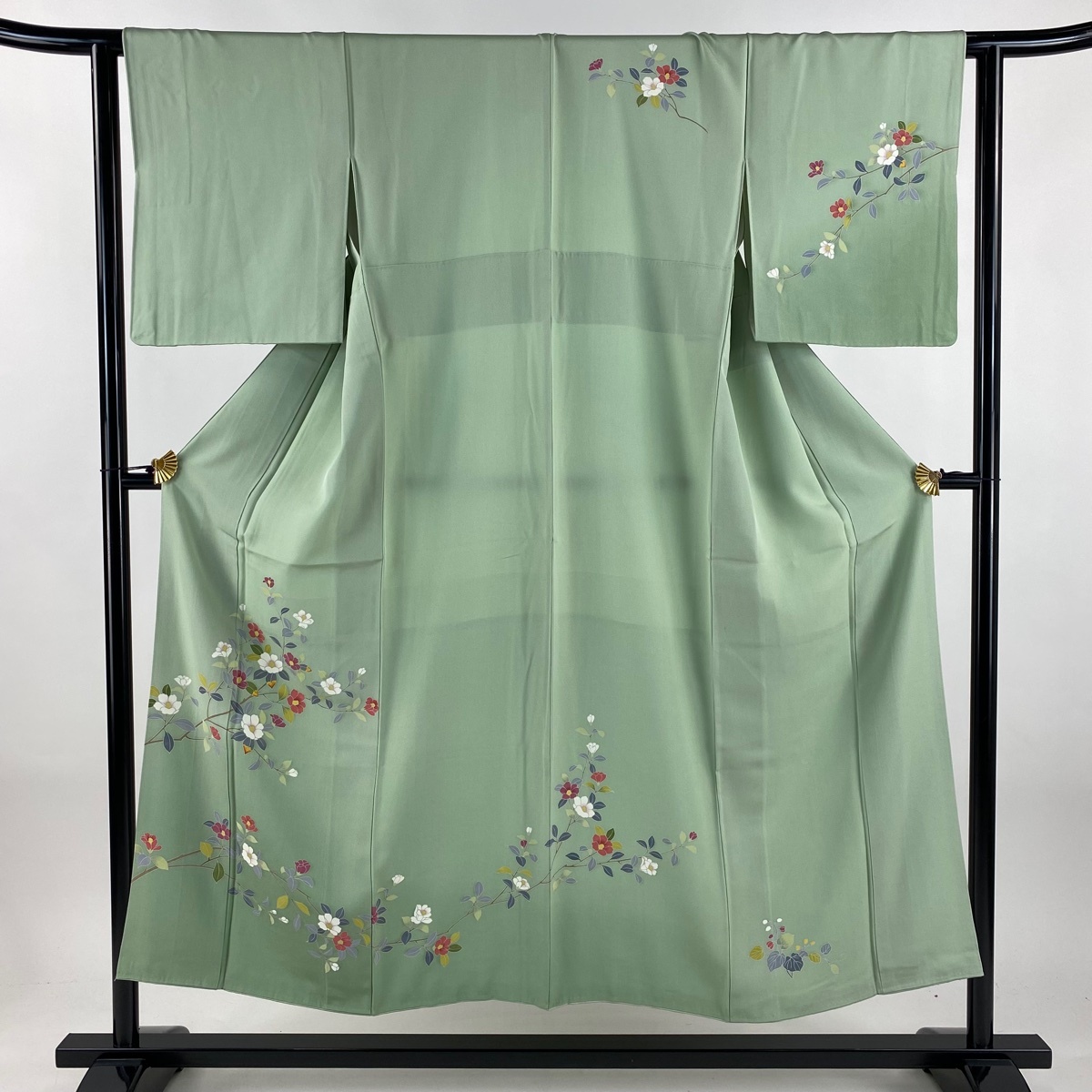 【美品】 訪問着 身丈151cm 裄丈62.5cm S 袷 椿 ぼかし 薄緑 正絹 秀品 【中古】拍卖