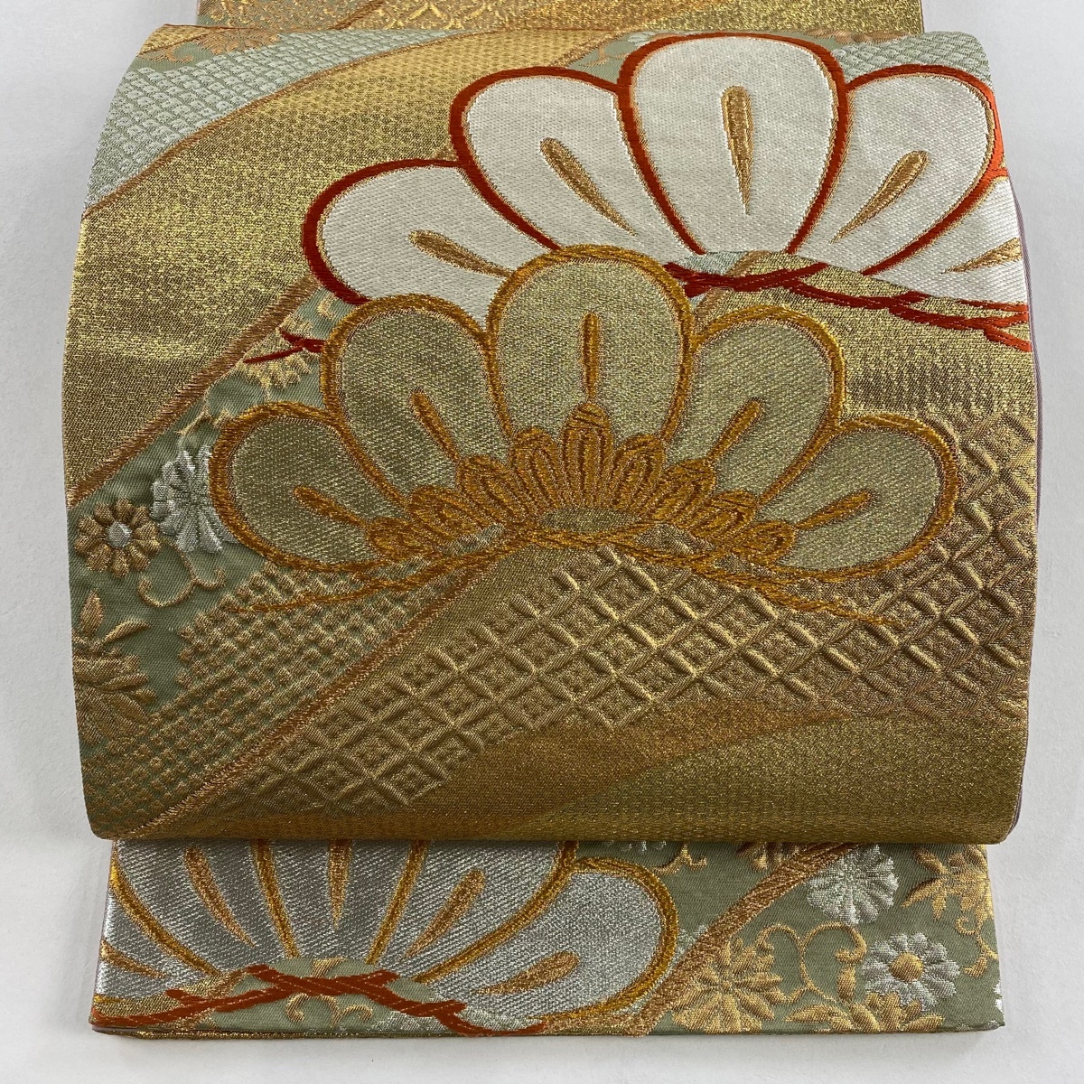 【美品】 袋帯 秀品 笠松 花唐草 金銀糸 箔 金色 六通 正絹 【中古】拍卖