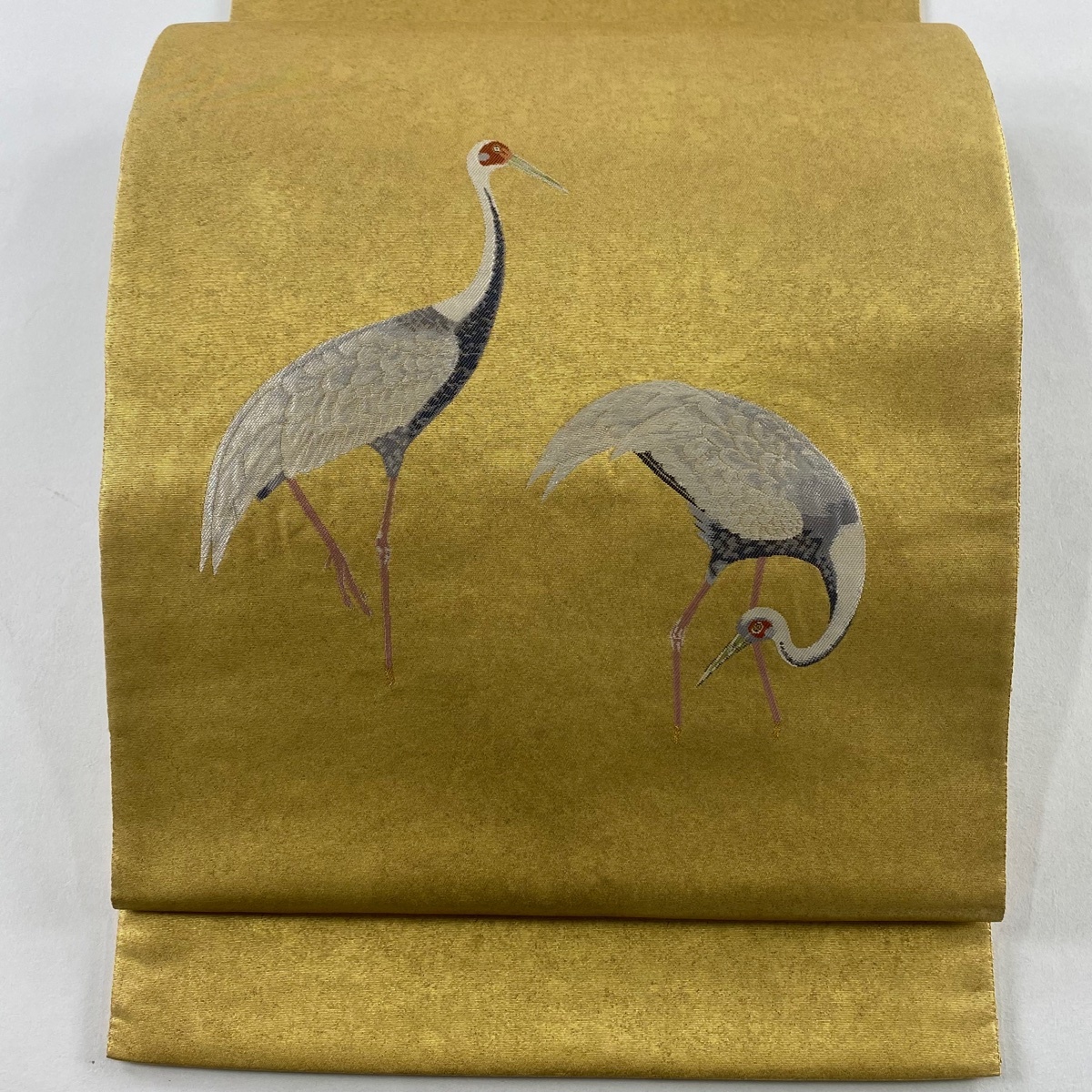 【美品】 袋帯 名品 落款 鶴 箔 金糸 金色 お太鼓柄 正絹 【中古】拍卖