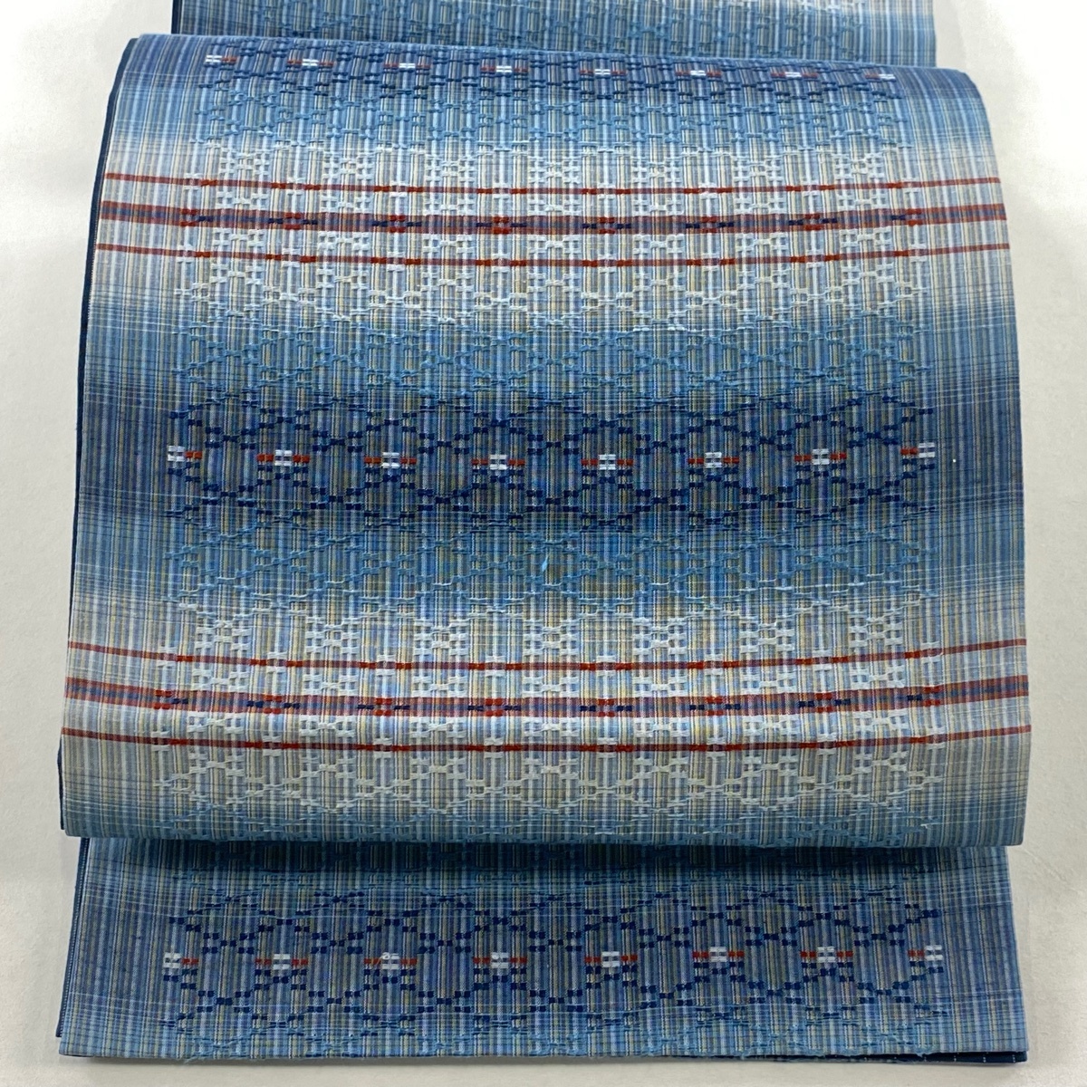 【美品】 袋帯 名品 縞模様 幾何学模様 青灰色 全通 正絹 【中古】拍卖
