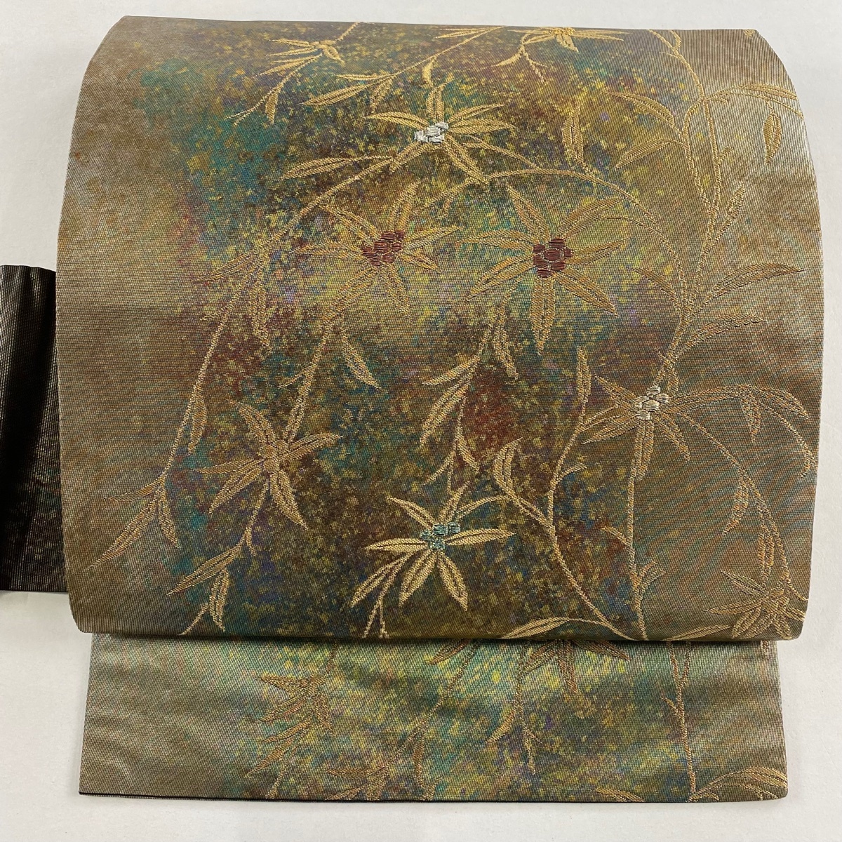【美品】 名古屋帯 秀品 草花 金銀糸 箔 金茶 正絹 【中古】拍卖