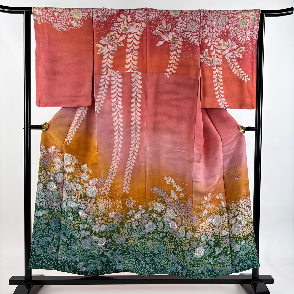 【美品】 訪問着 身丈154cm 裄丈63cm S 袷 吉乃一廉 落款 辻が花 刺繍 銀通し 朱色 正絹 逸品 【中古】拍卖