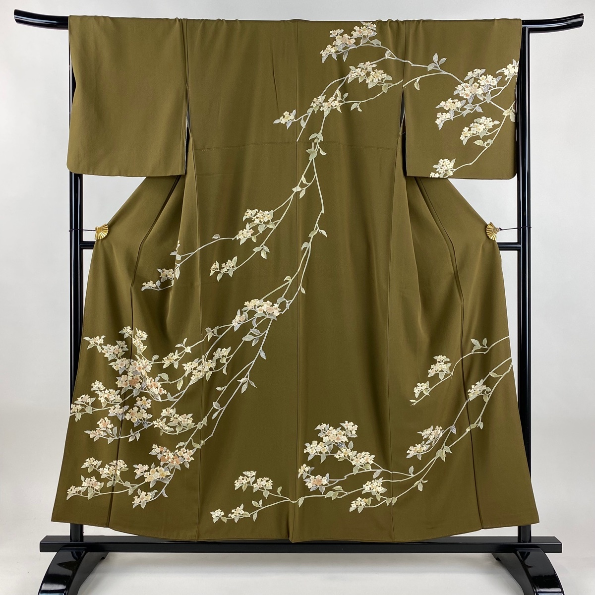 訪問着 身丈155.5cm 裄丈67cm M 袷 枝花 刺繍 茶緑色 正絹 逸品 【中古】拍卖