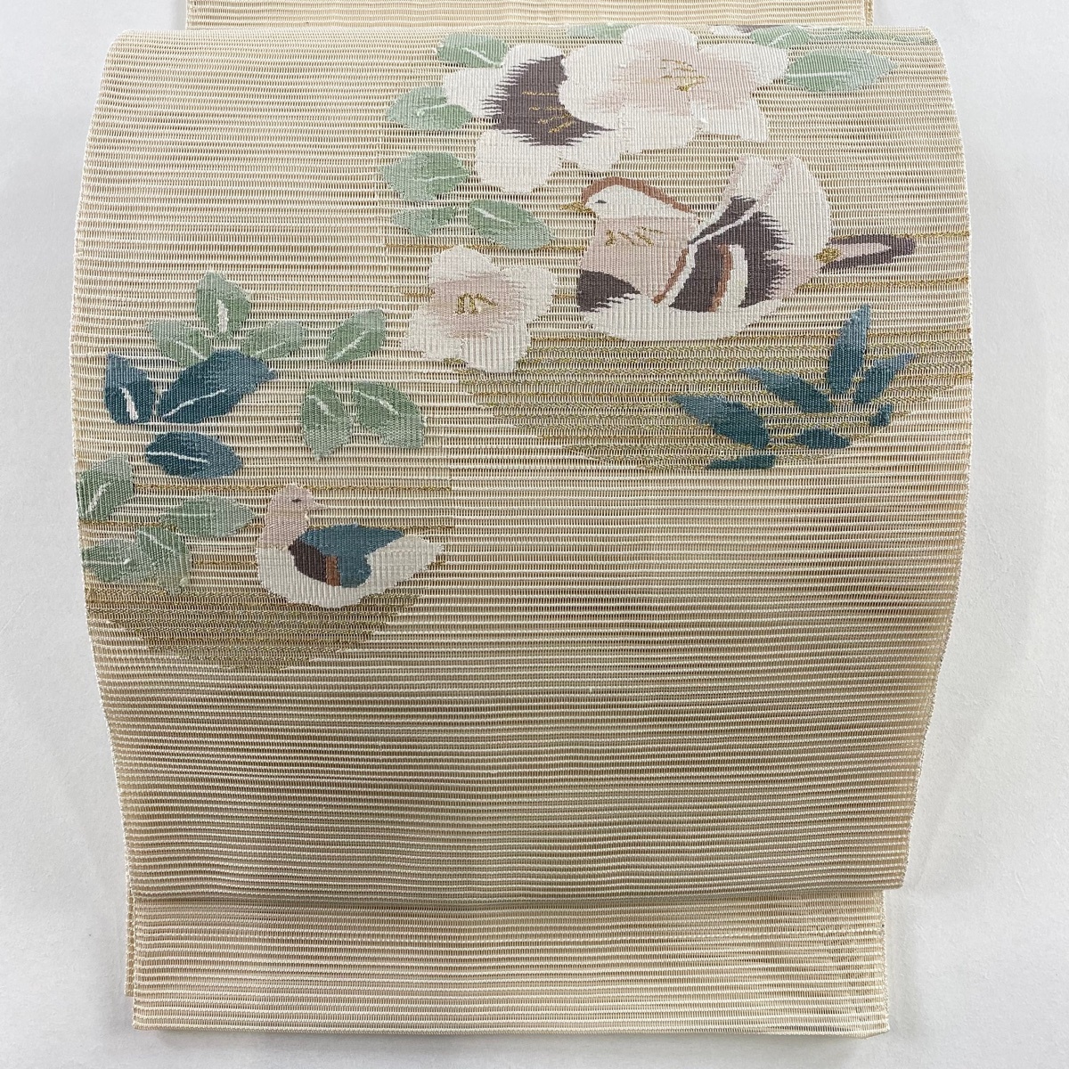 【美品】 袋帯 秀品 夏帯 絽 草花 鳥 金銀糸 箔 ベージュ お太鼓柄 正絹 【中古】拍卖