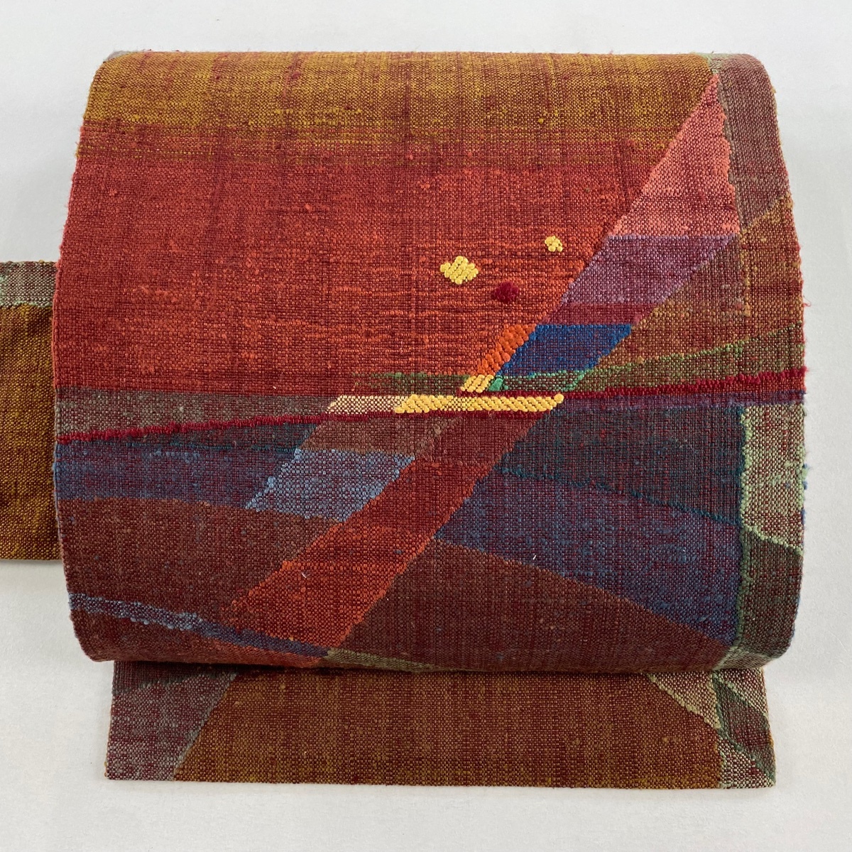 【美品】 名古屋帯 秀品 紬地 幾何学模様 赤茶 正絹 【中古】拍卖