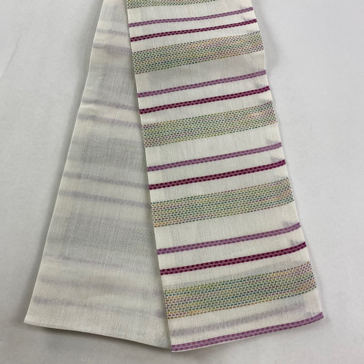 【美品】半幅帯 優品 夏帯 撫松庵 横段 縞 クリーム 麻 【中古】拍卖