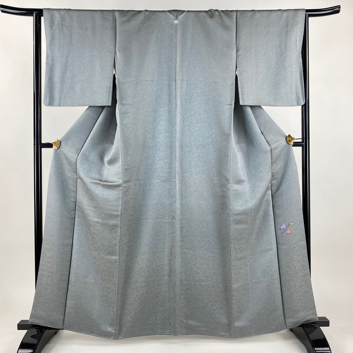 【美品】 小紋 身丈162.5cm 裄丈65cm M 袷 久保田一竹工房 落款 草花 金通し 青灰色 正絹 逸品 一つ紋 【中古】拍卖