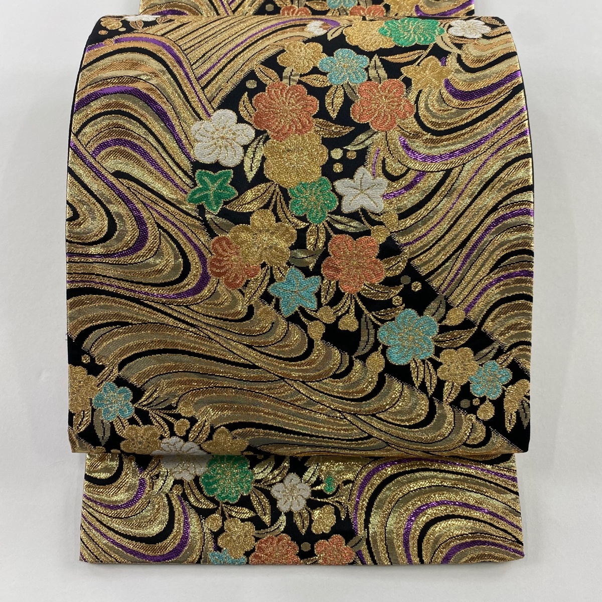 【美品】 袋帯 秀品 草花 流水 金糸 箔 金色 六通 正絹 【中古】拍卖