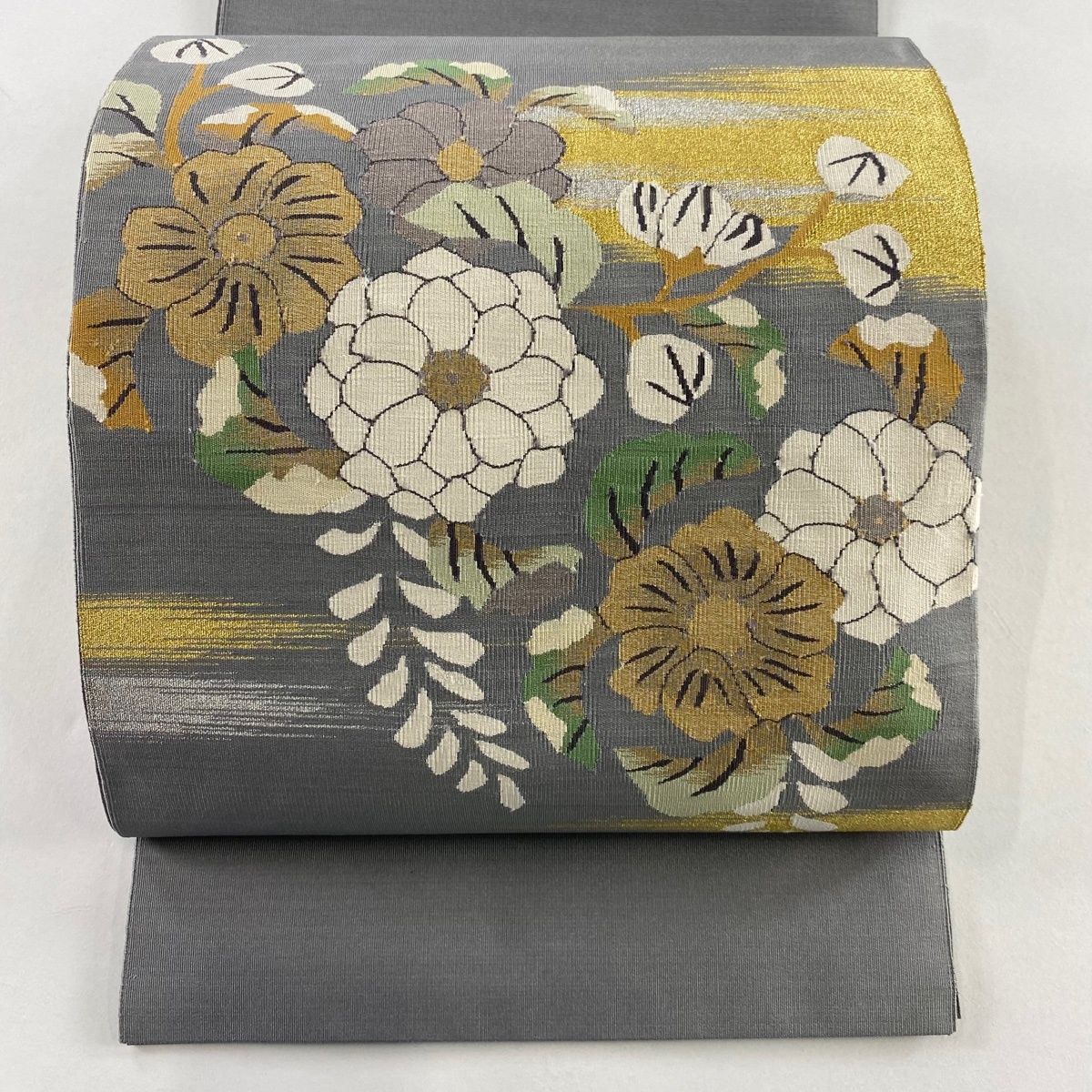 【美品】 名古屋帯 秀品 八寸名古屋帯 草花 霞 金銀糸 灰色 正絹 【中古】拍卖