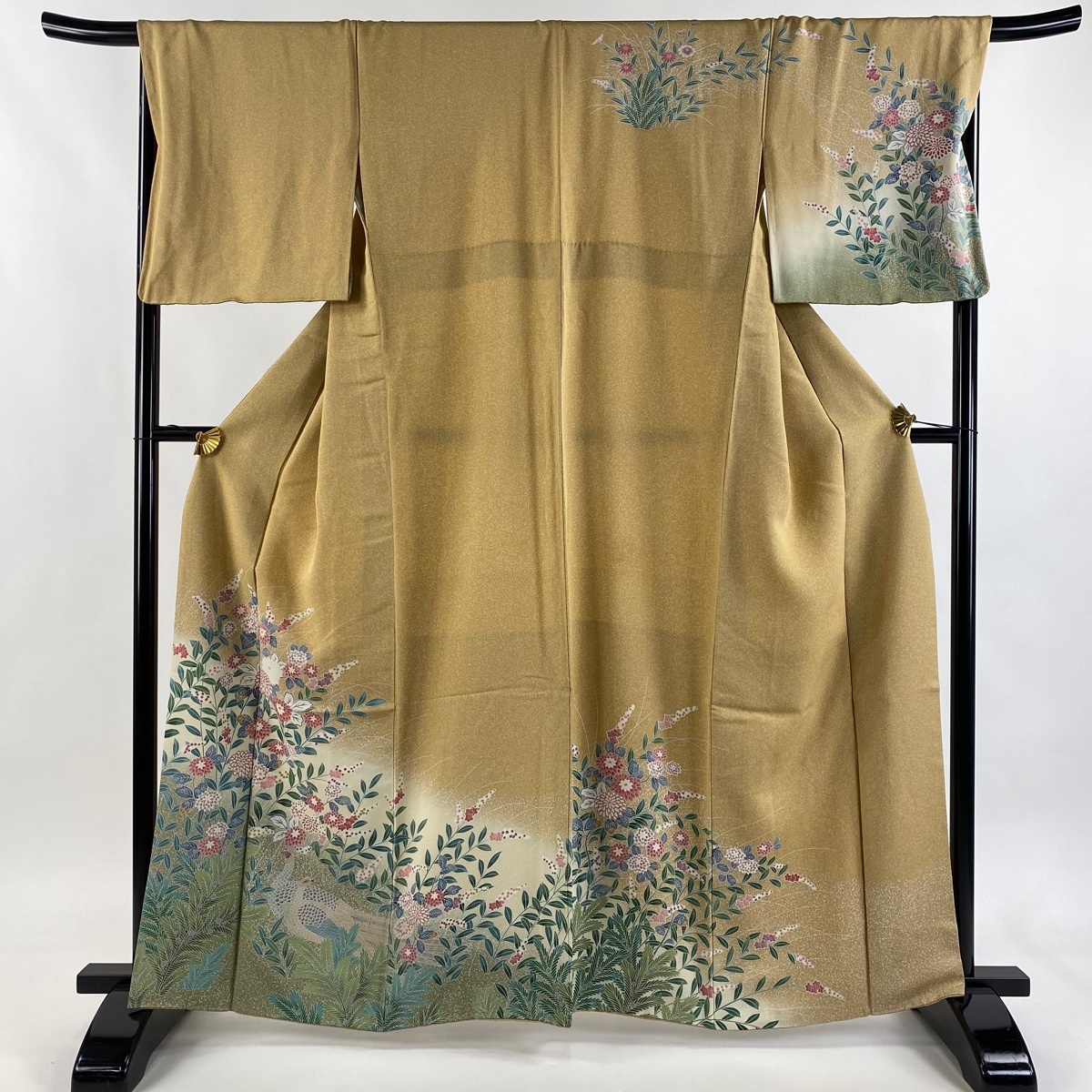 訪問着 身丈162cm 裄丈68.5cm L 袷 草花 雉 ぼかし 薄茶色 正絹 秀品 【中古】拍卖