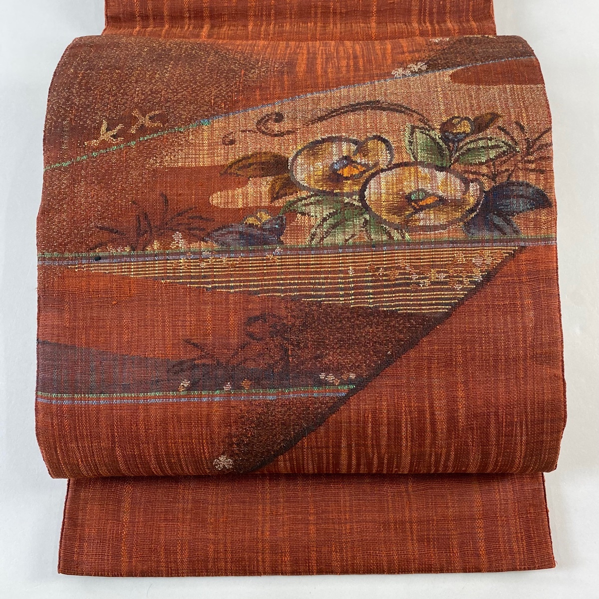 袋帯 名品 渡文 落款 椿 箔 茜色 お太鼓柄 正絹 【中古】拍卖