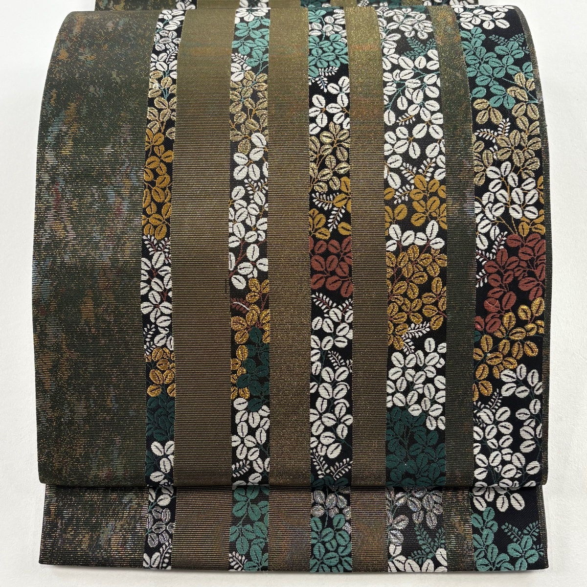 袋帯 名品 縞 萩 箔 金糸 灰緑 六通 正絹 【中古】拍卖