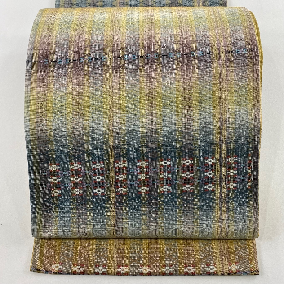 袋帯 名品 幾何学模様 縞 茶緑色 六通 正絹 【中古】拍卖