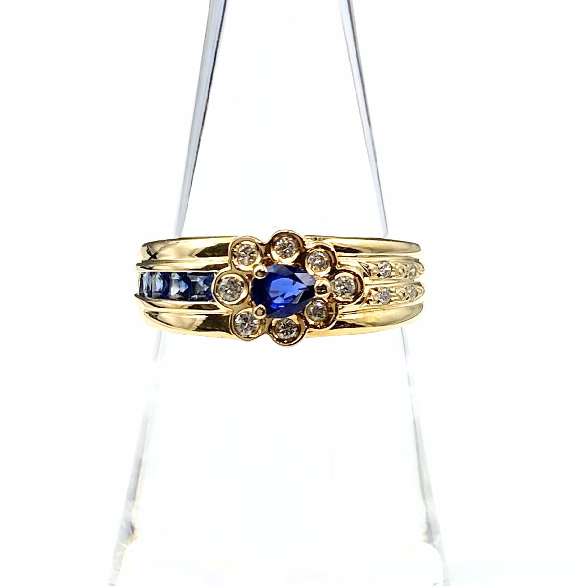 サファイア デザインリング YG イエローゴールド 指輪 メレダイヤ リング 14.5号 K18 サファイア ダイヤモンド レディース 【中古】拍卖