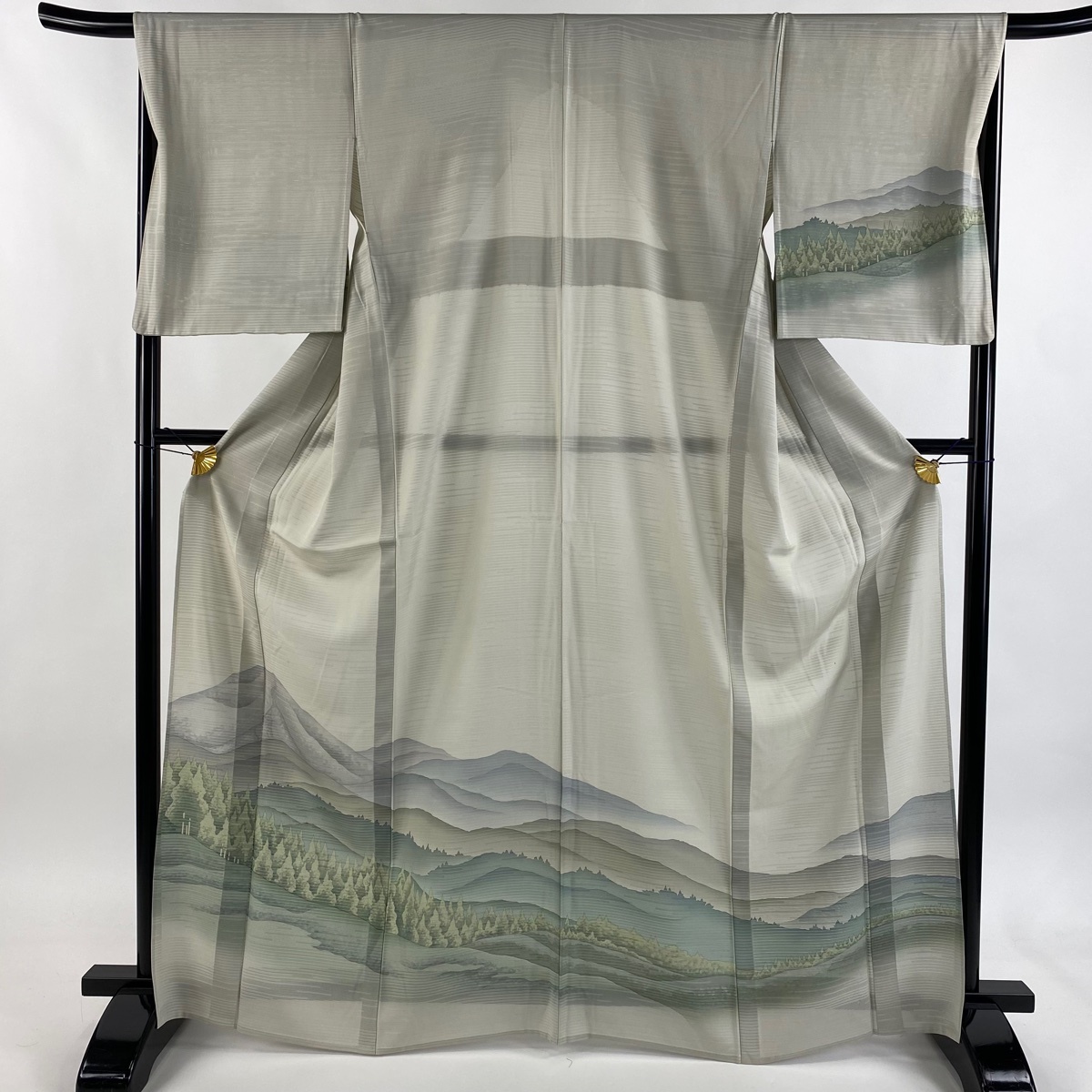 訪問着 身丈165cm 裄丈68cm L 薄物 絽 山並み 樹木 ぼかし 灰緑 正絹 秀品 【中古】拍卖