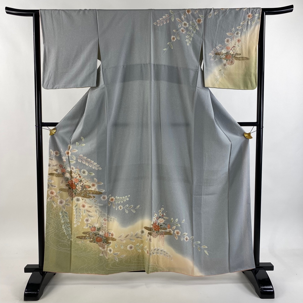 訪問着 身丈161cm 裄丈63cm S 袷 花籠 ヱ霞 金銀彩 絞り 青灰色 正絹 秀品 【中古】拍卖