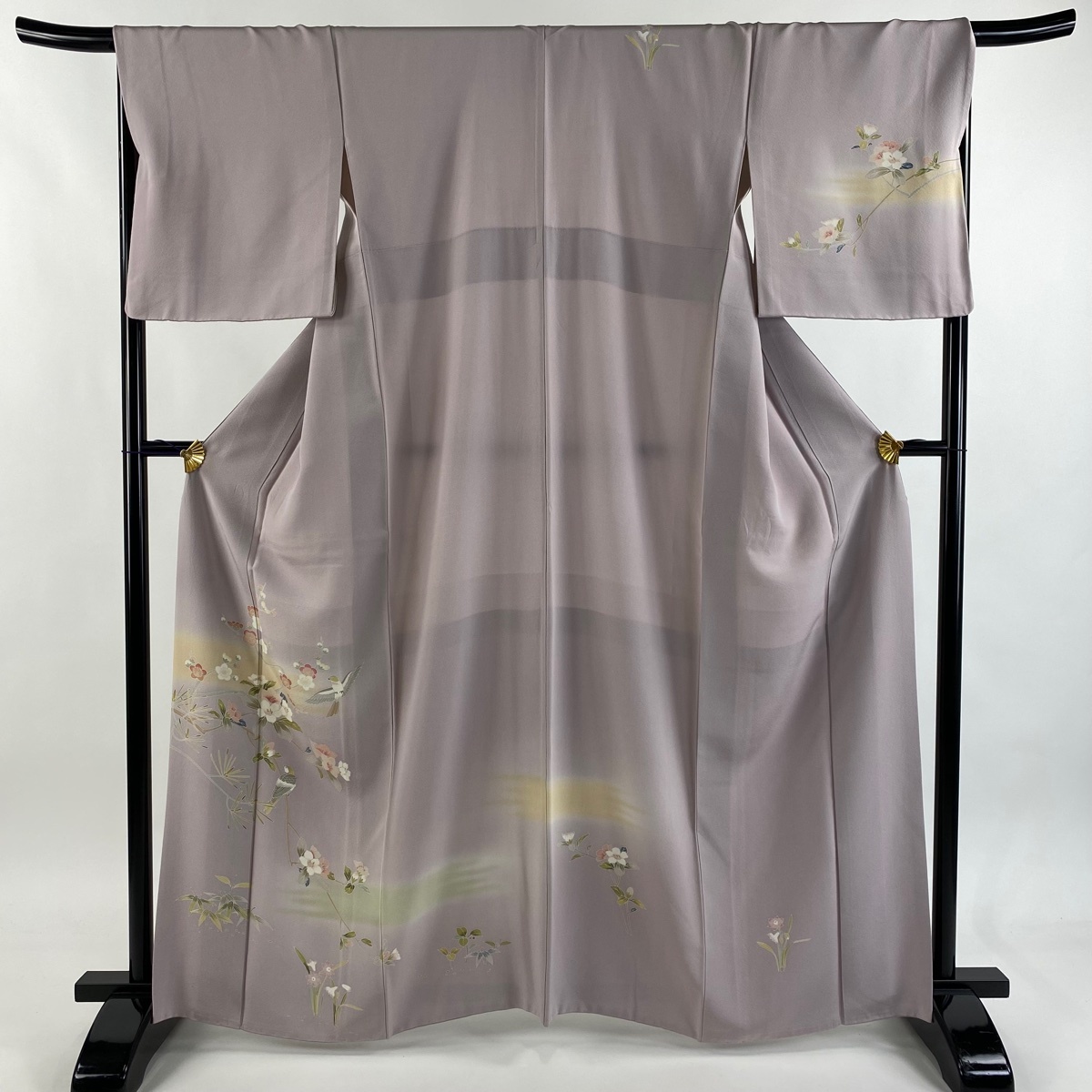 訪問着 身丈163cm 裄丈66.5cm M 袷 花鳥 枝梅 ぼかし 薄紫 正絹 秀品 【中古】拍卖