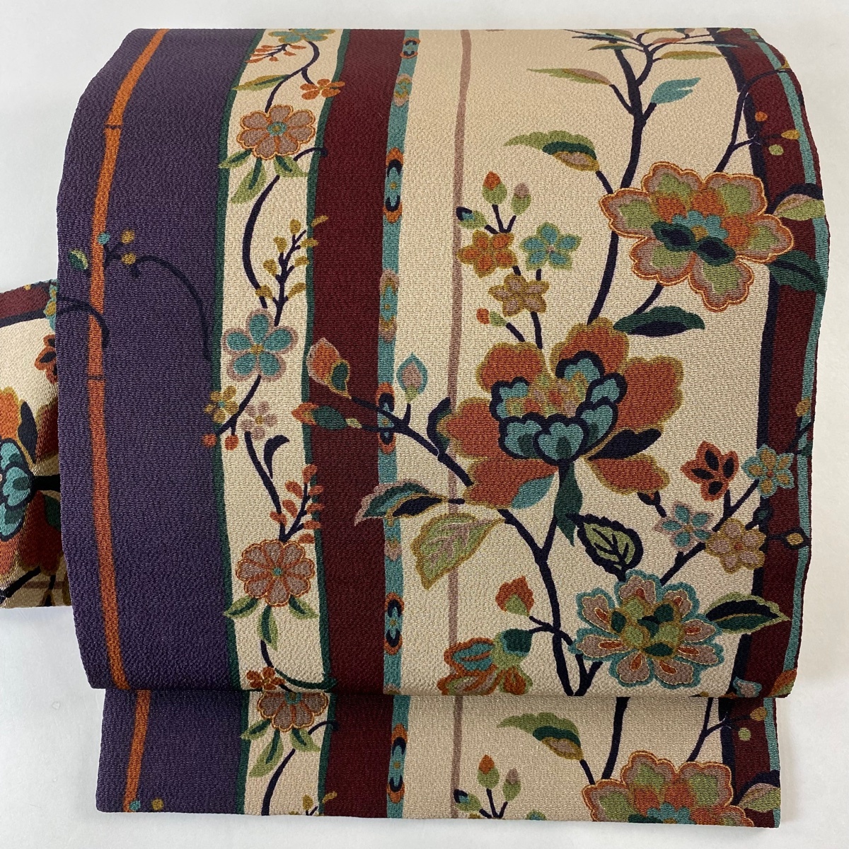 【美品】 名古屋帯 秀品 枝花 縞 金彩 薄茶色 正絹 【中古】拍卖