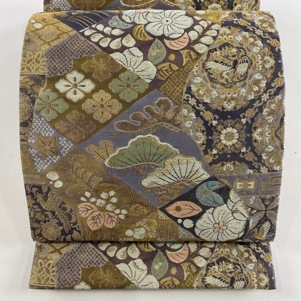 袋帯 秀品 辻が花柄 うさぎ 金糸 箔 灰紫 六通 正絹 【中古】拍卖