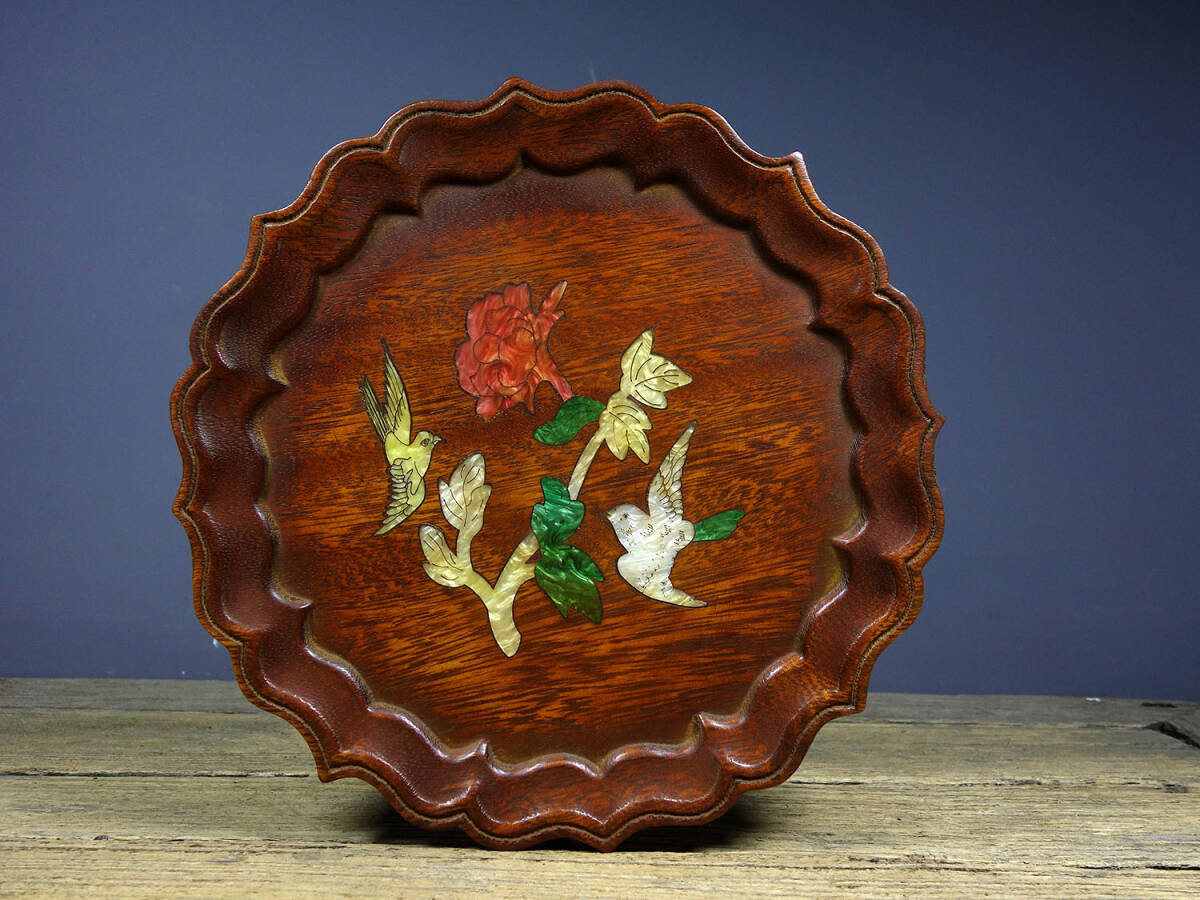 『清・花梨木製・細密彫・彩貝嵌・花開富貴紋・茶盤・置物・賞物』極細工 置物 古賞物 中国古玩 中国古美術拍卖