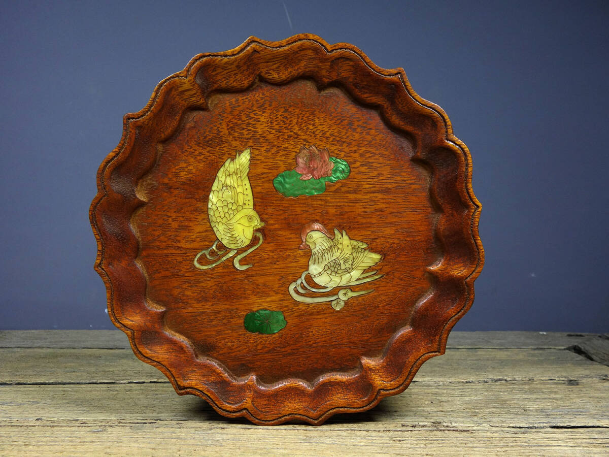 『清・花梨木製・細密彫・彩貝嵌・百年好合紋・茶盤・置物・賞物』極細工 置物 古賞物 中国古玩 中国古美術拍卖