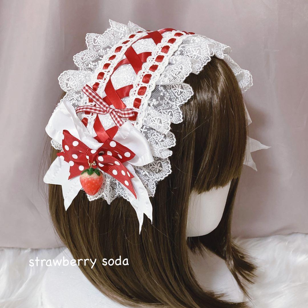 ホワイト レッド リボン ストロベリー レースアップ ヘッドドレス ロリィタ 苺 サブカル コスプレ コンカフェ 姫系 ゆめかわいい 量産型拍卖