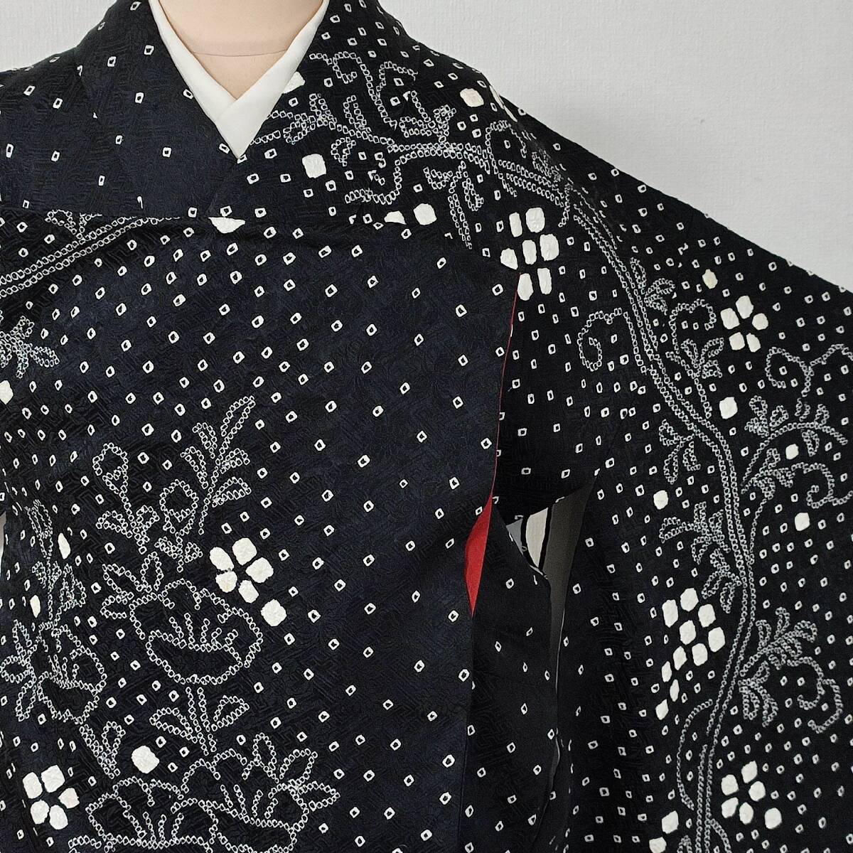 即決■着物の越田■裄67.5身丈160.5 正絹 訪問着 袷 地紋 白黒系 モノトーン系 絞り 巣◇め29E02拍卖