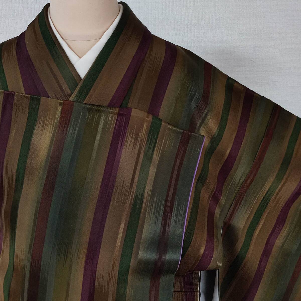 即決■着物の越田■裄69身丈159.5 正絹 小紋 袷 美品 裄長 縦縞 ストライプ カジュアルなパーティー お食事会 観劇 イベント■も05E08拍卖