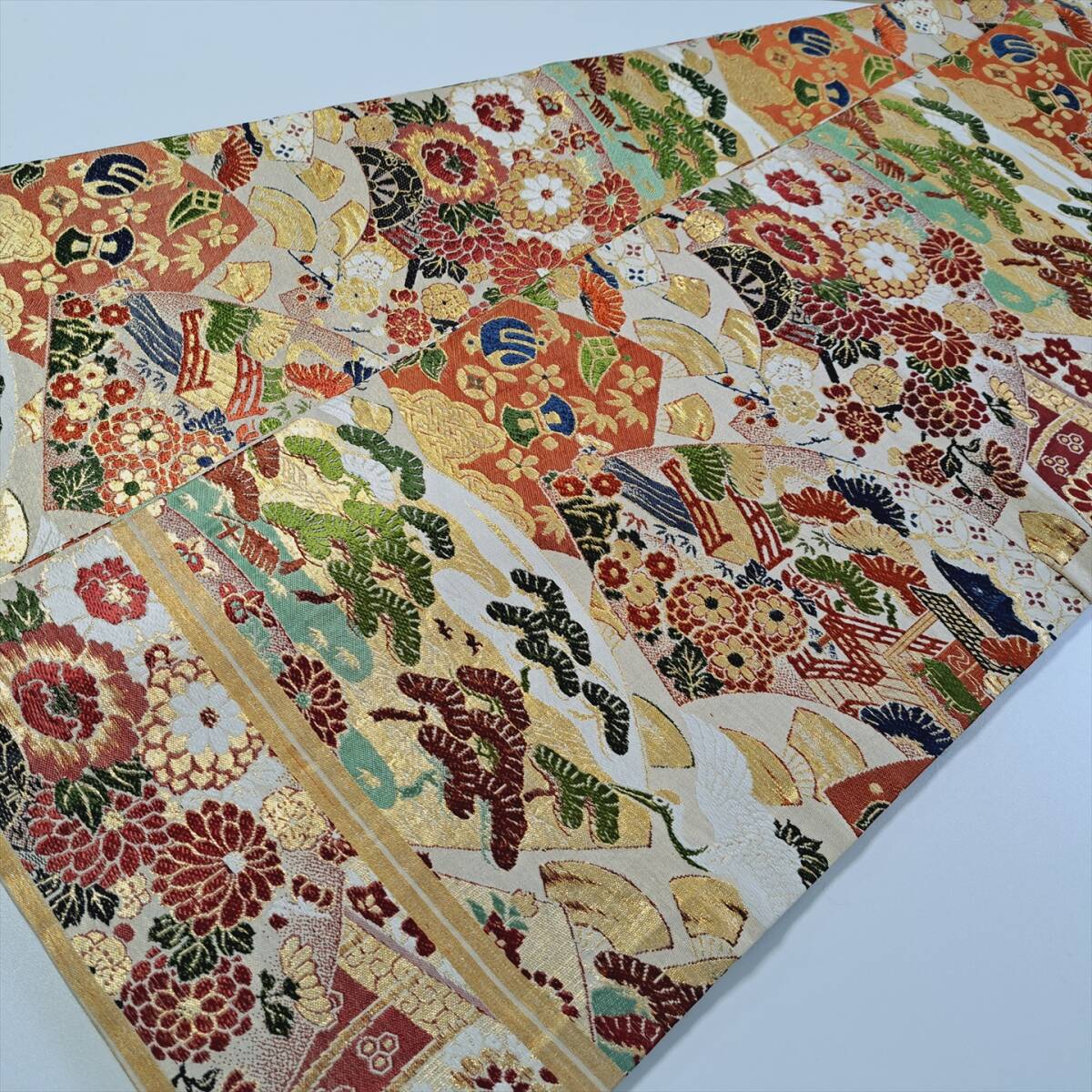 ■着物の越田■幅31.5 長さ392.5 アンティーク 丸帯 正絹 扇 金糸■め29J01 拍卖