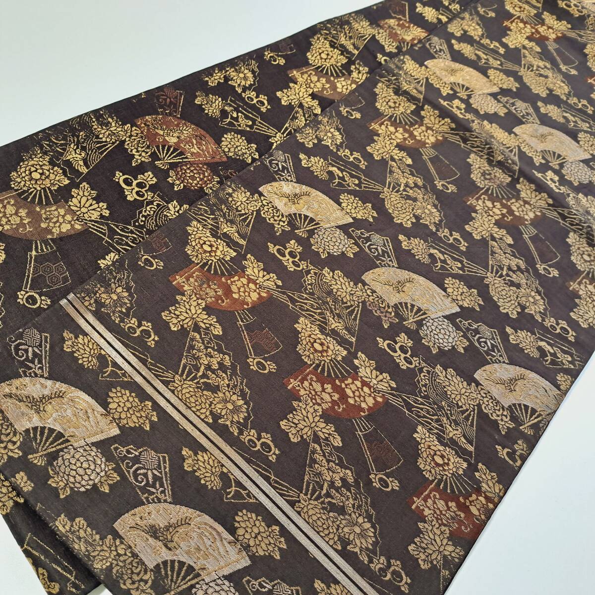■着物の越田■幅32.5 長さ407.5 正絹 アンティーク 丸帯 黒地 金糸 扇 鳳凰■め29J04拍卖