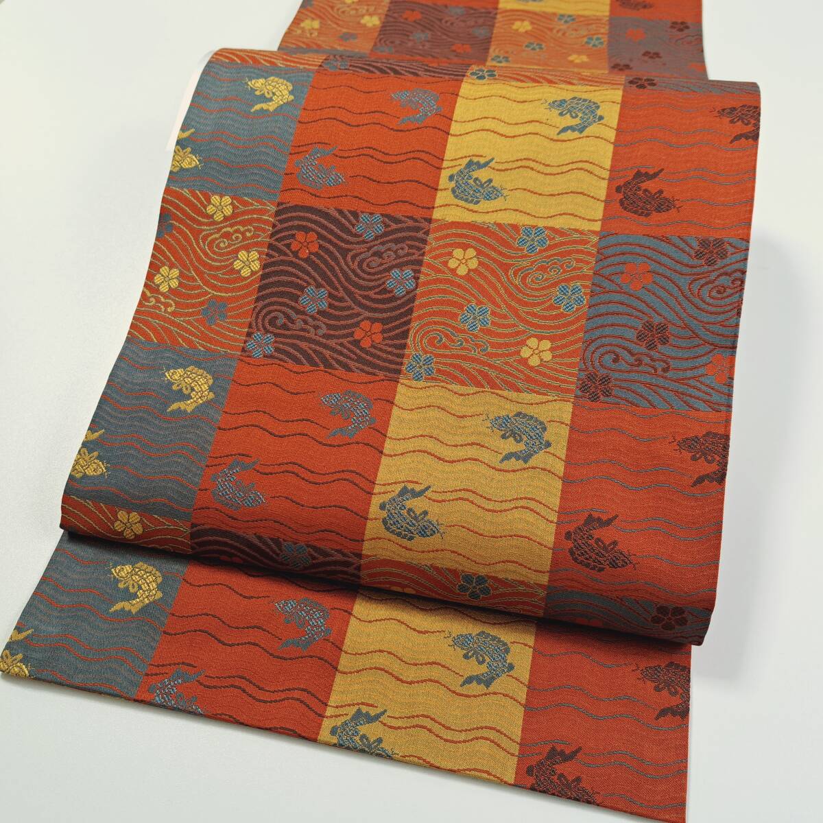 即決■着物の越田■幅30.5 長さ362.5 正絹 名古屋帯 市松模様 荒磯文 可愛い ■め29J06拍卖