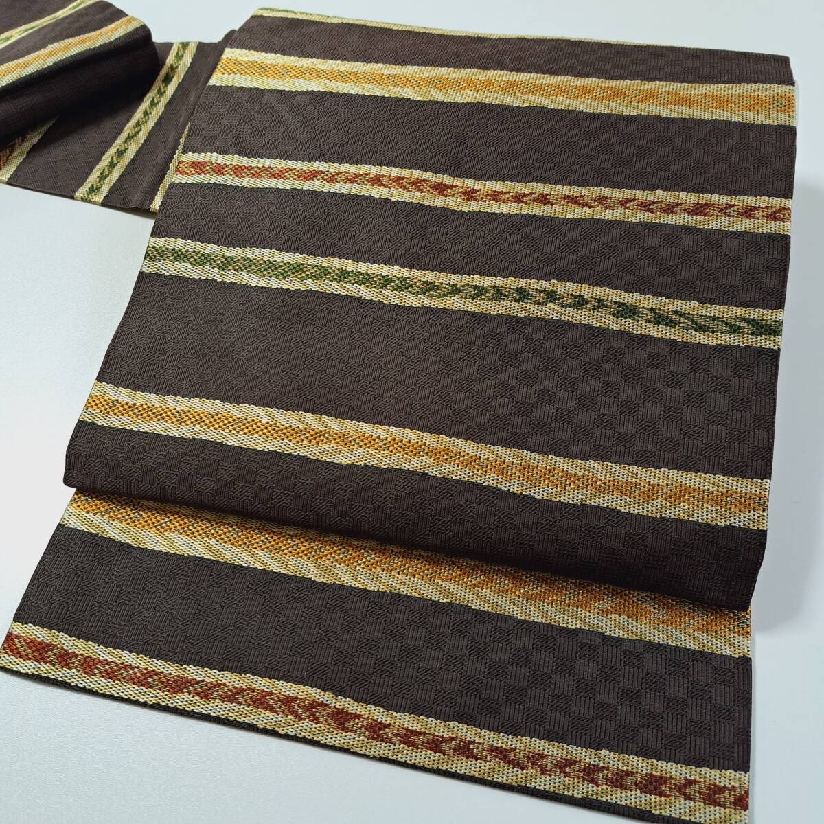 即決■着物の越田■幅31 長さ365 正絹 名古屋帯 名古屋仕立て ダークブラウン系 縞 シックな色合い ■も06J02拍卖
