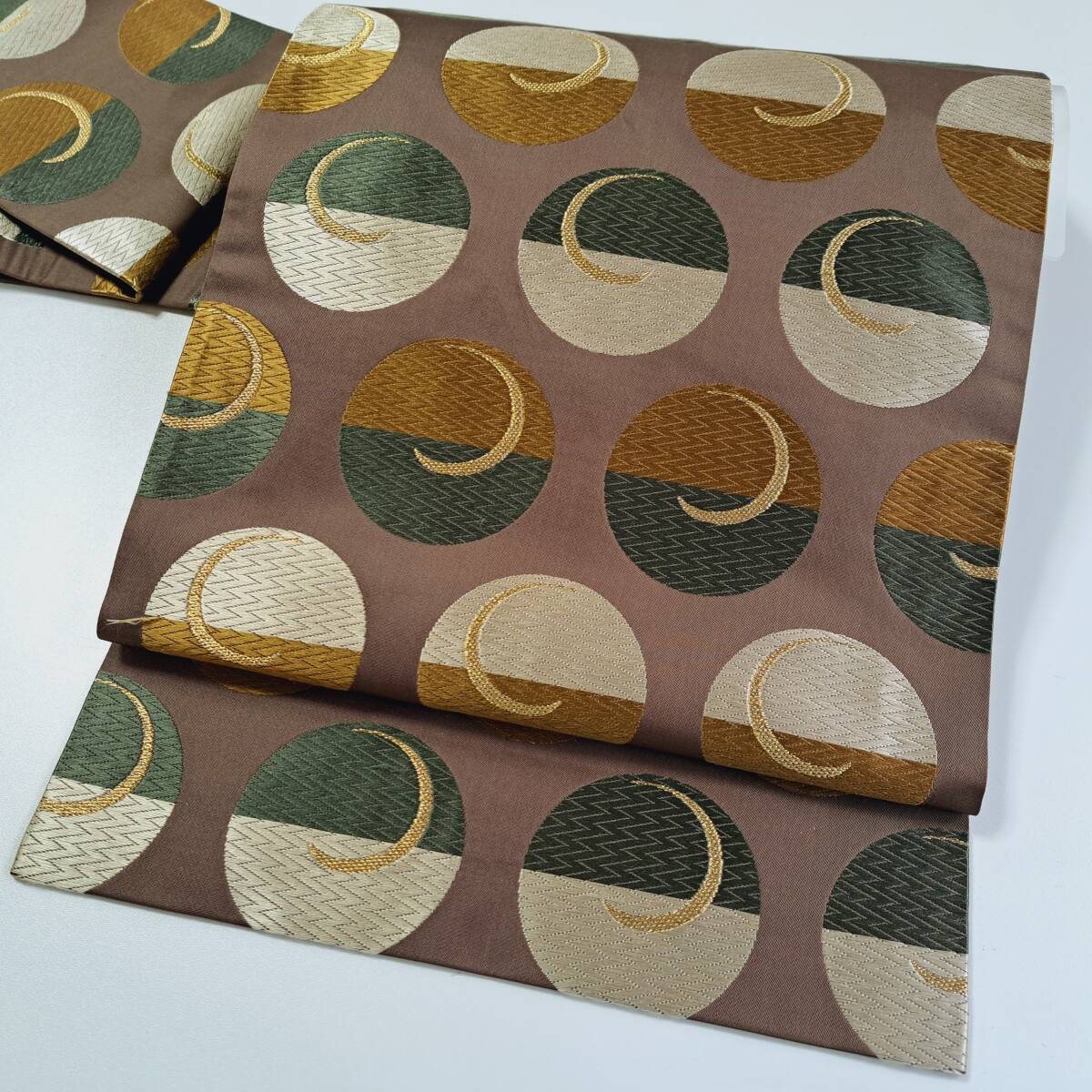 即決■着物の越田■幅30.5 長さ367.5 正絹 名古屋帯 名古屋仕立て 月 三日月 金糸 オシャレ 吾◇も10J04拍卖